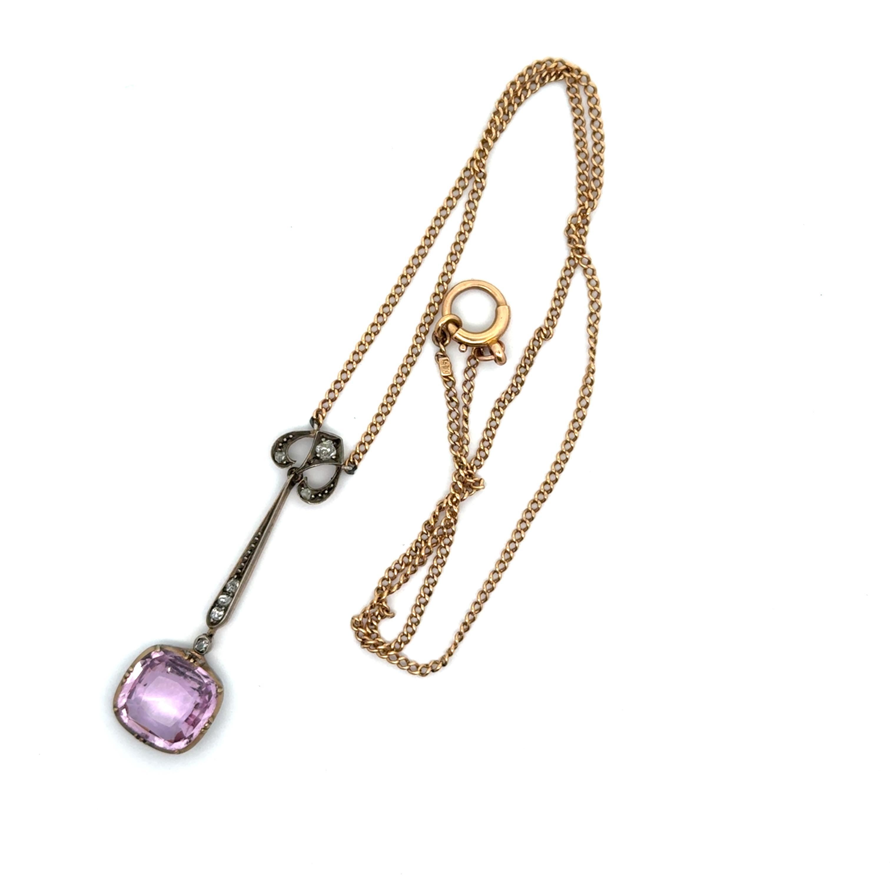 Cushion Cut Antique Pink Topaz Diamond 14k Gold & Silver Necklace For Sale