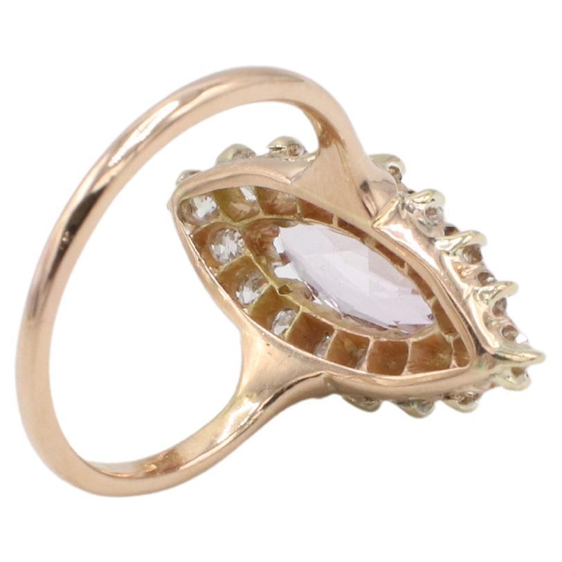 Art Deco Antique Pink Topaz & Old Mine Cut Natural Diamond Navette Cocktail Ring