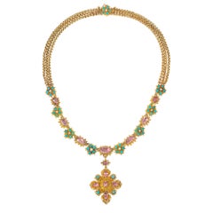 Antique pink topaz, pearl and turquoise cannetille necklace