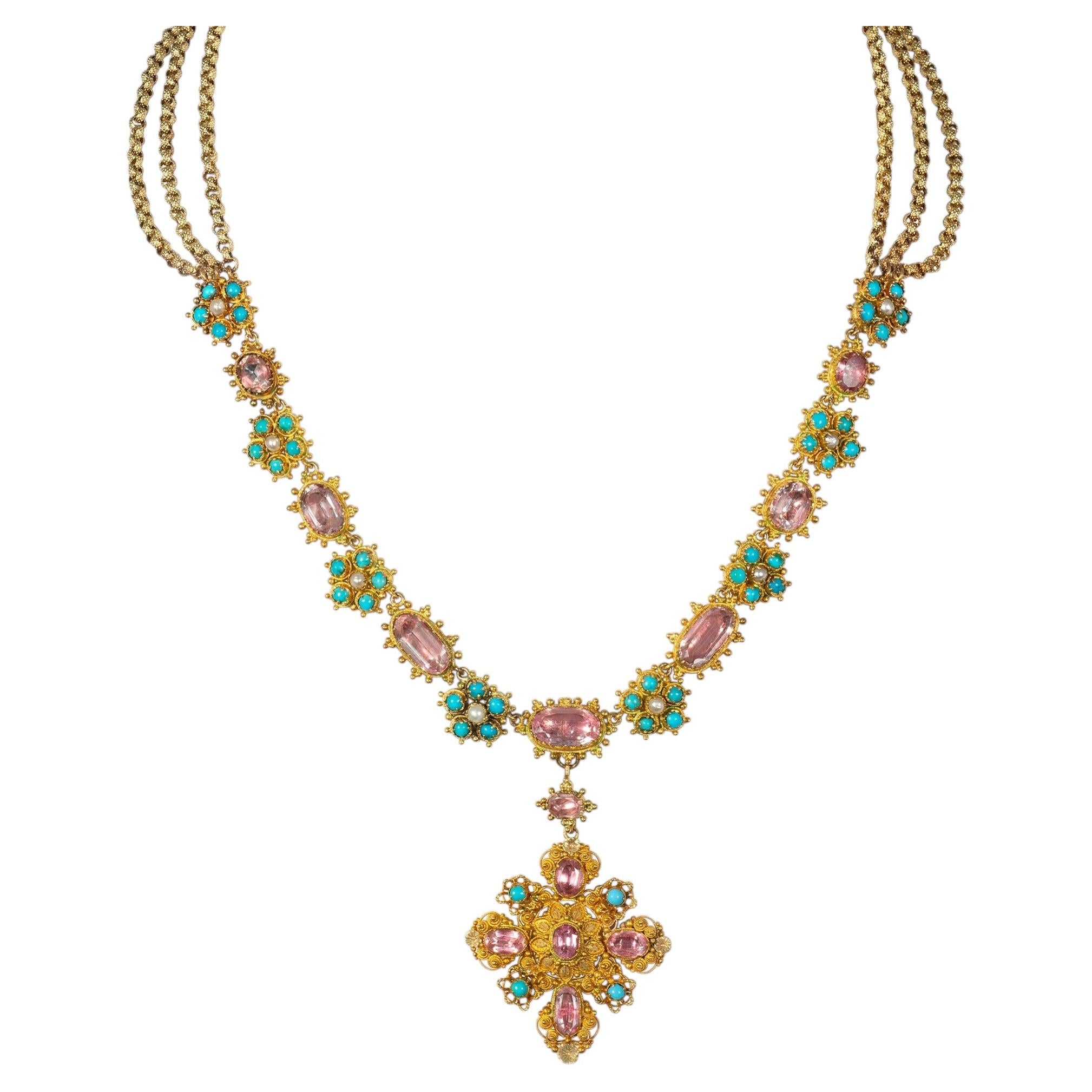 Collier cannetille ancien en topaze rose, perle et turquoise
