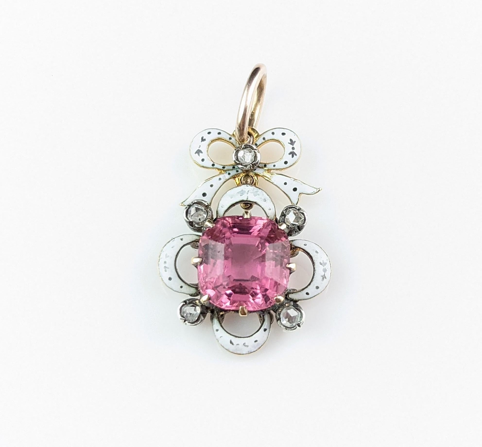 Antique Pink Tourmaline and Diamond Pendant, White and Black Enamel, 18k Gold 4