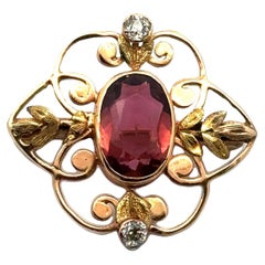 Antique Pink Tourmaline 
Diamond 14 Karat Yellow Gold Brooch Art Nouveau