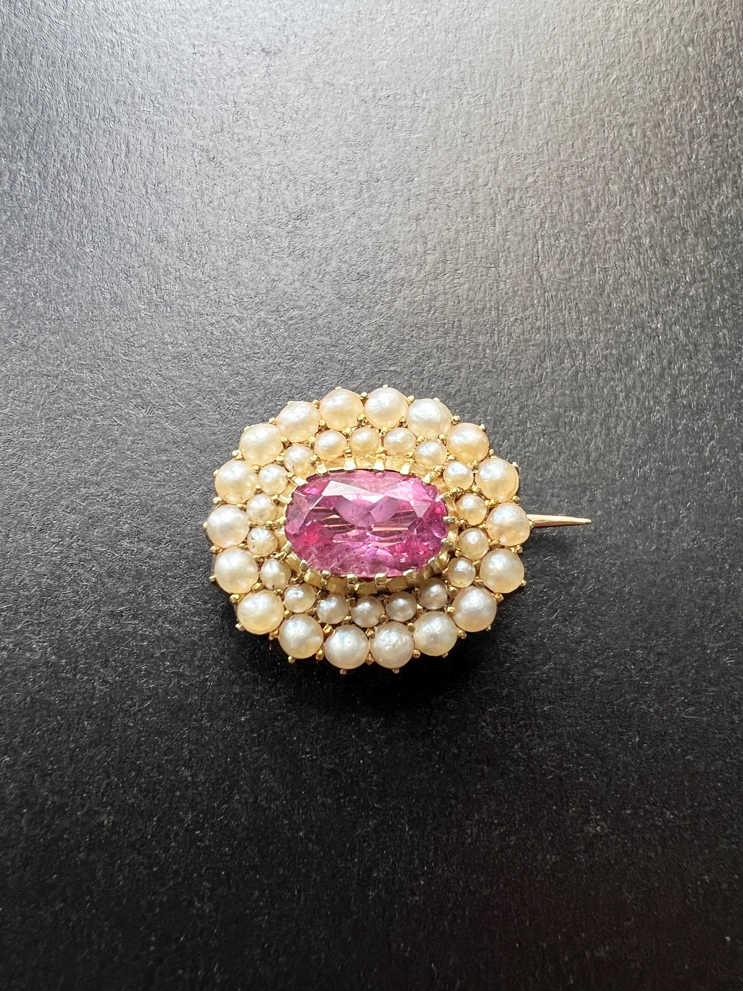 Antique Pink Tourmaline Seed Pearl Lace Pin Gold Brooch 1