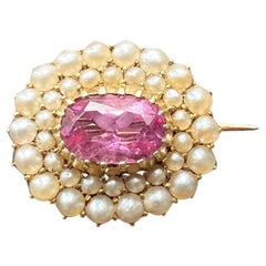 Antique Pink Tourmaline Seed Pearl Lace Pin Gold Brooch