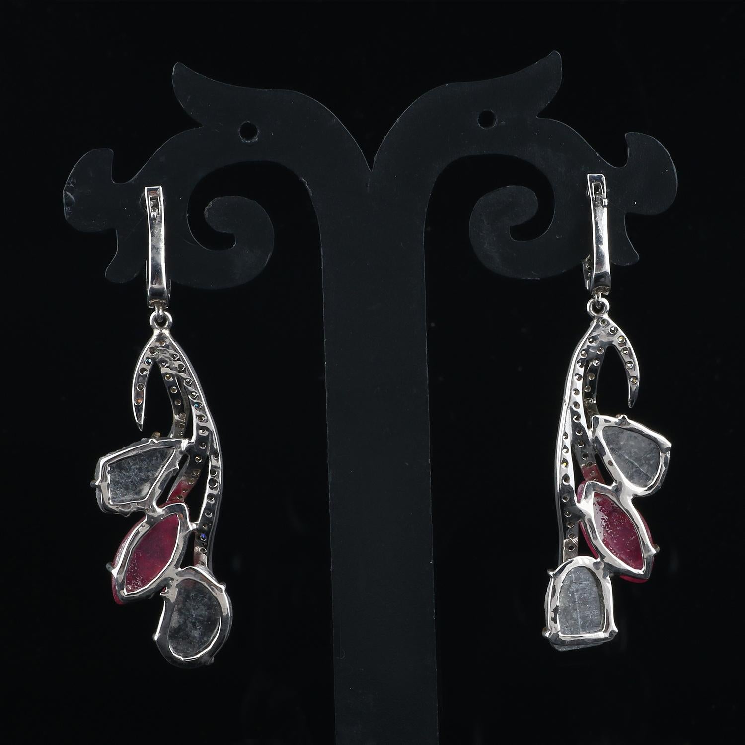 Round Cut Antique Pink Tourmaline Silver Earrings, Victorian Style Diamond Dangle Earrings For Sale