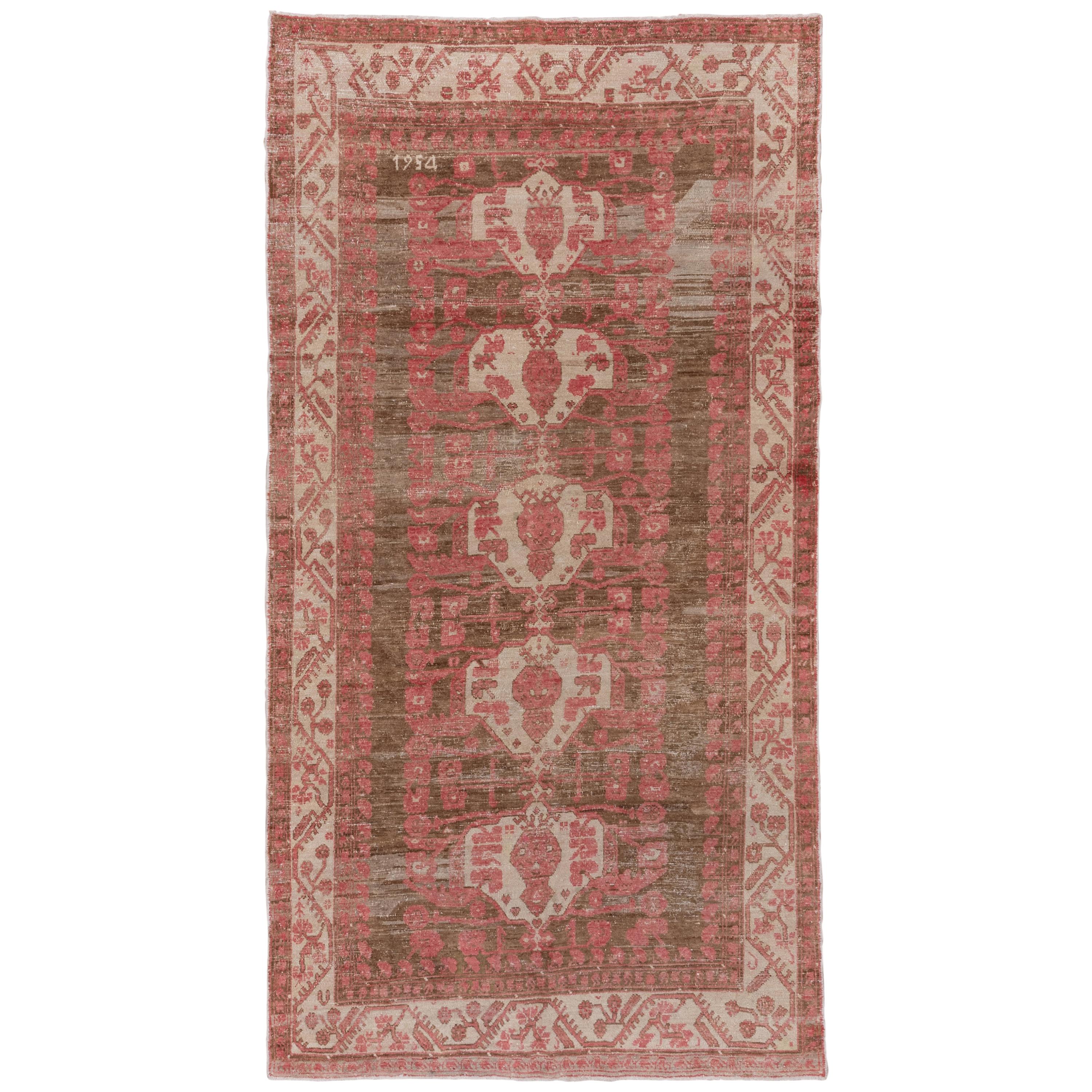 Antique Pink Turkish Kula Long Rug, circa 1930s, Pink and Brown Field For Sale