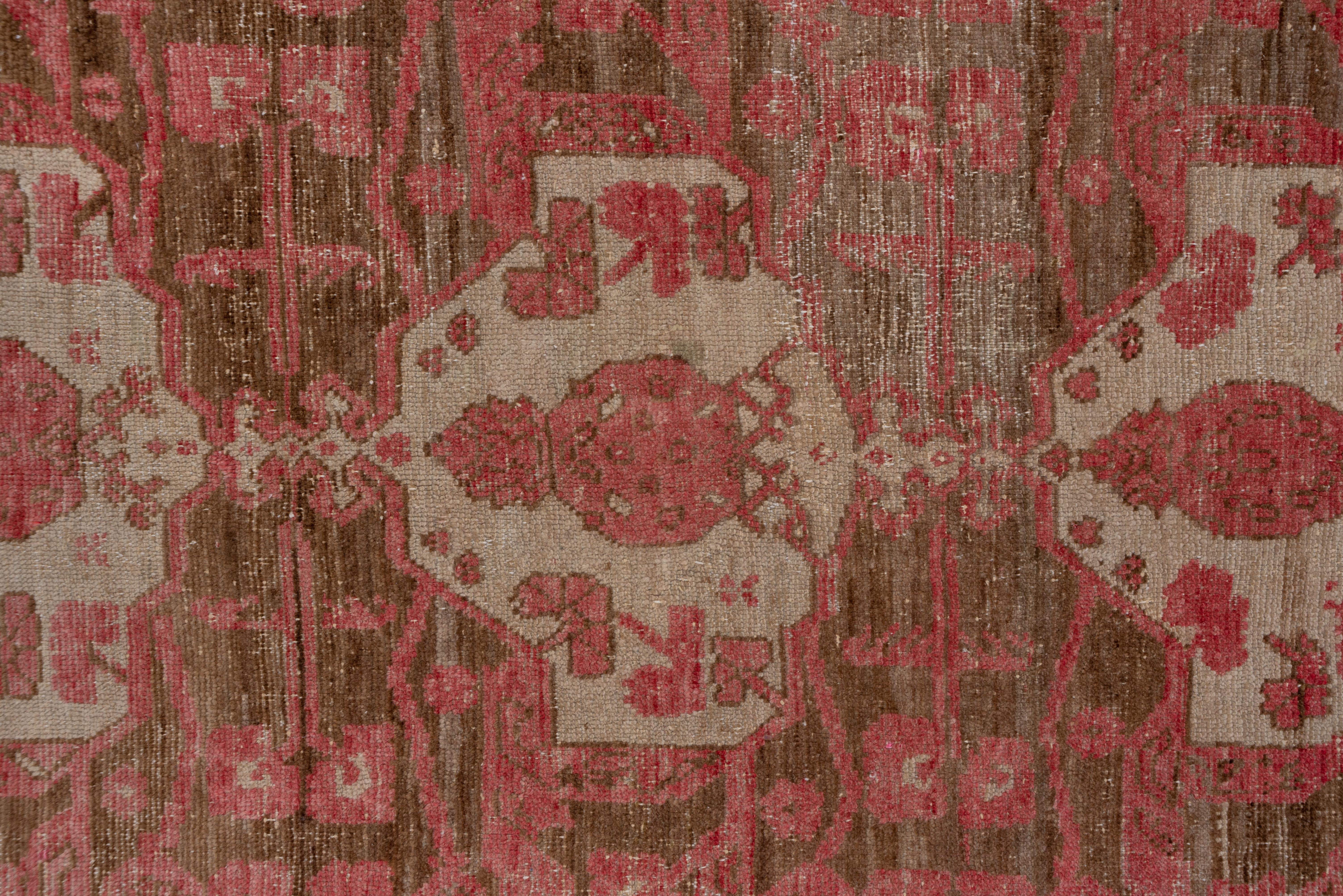 Hand-Knotted Antique Pink Turkish Kula Long Rug, circa 1930s, Pink and Brown Field For Sale