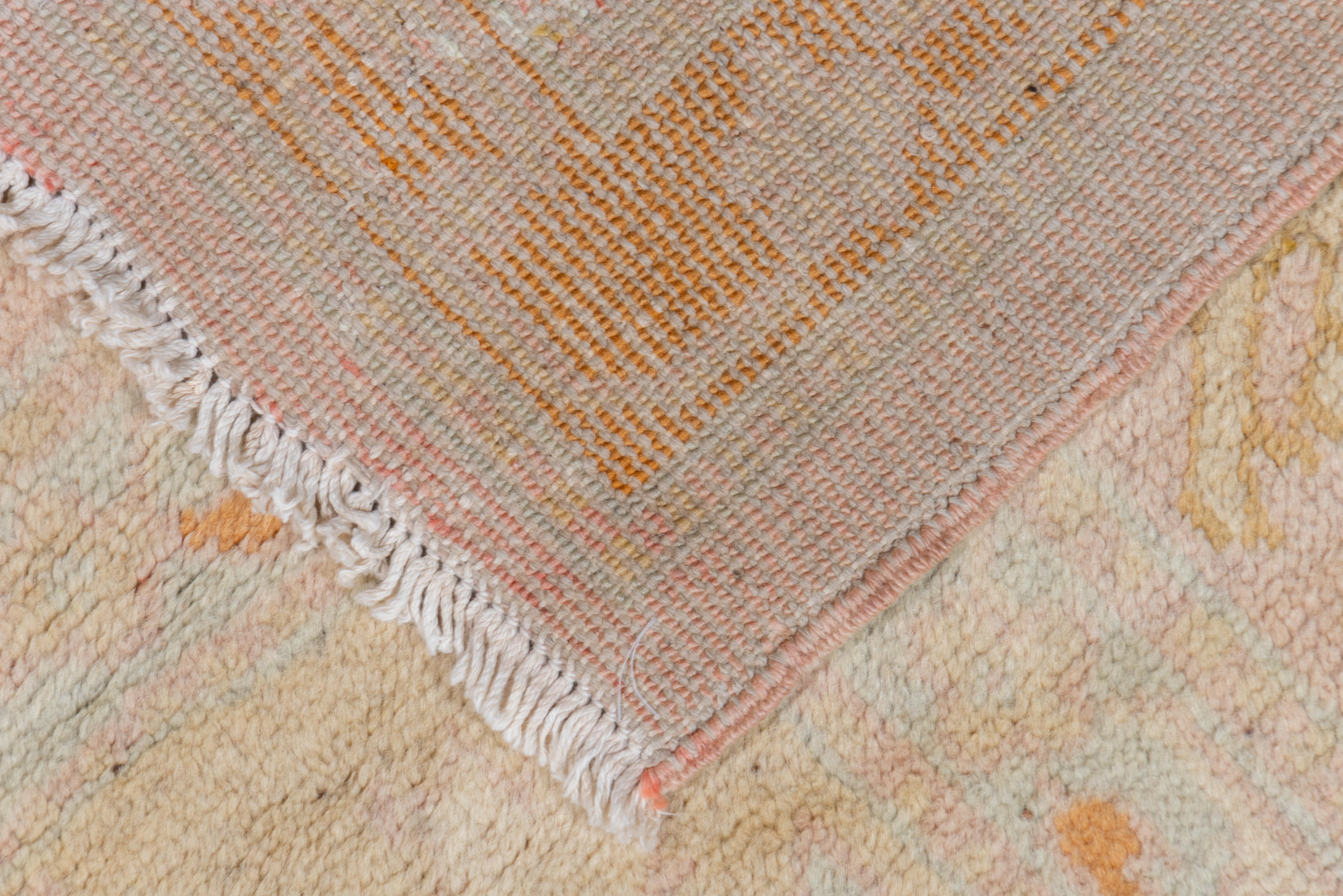 Antique Pink Turkish Oushak Carpet with Orange & Yellow Accents, circa 1920s For Sale 1