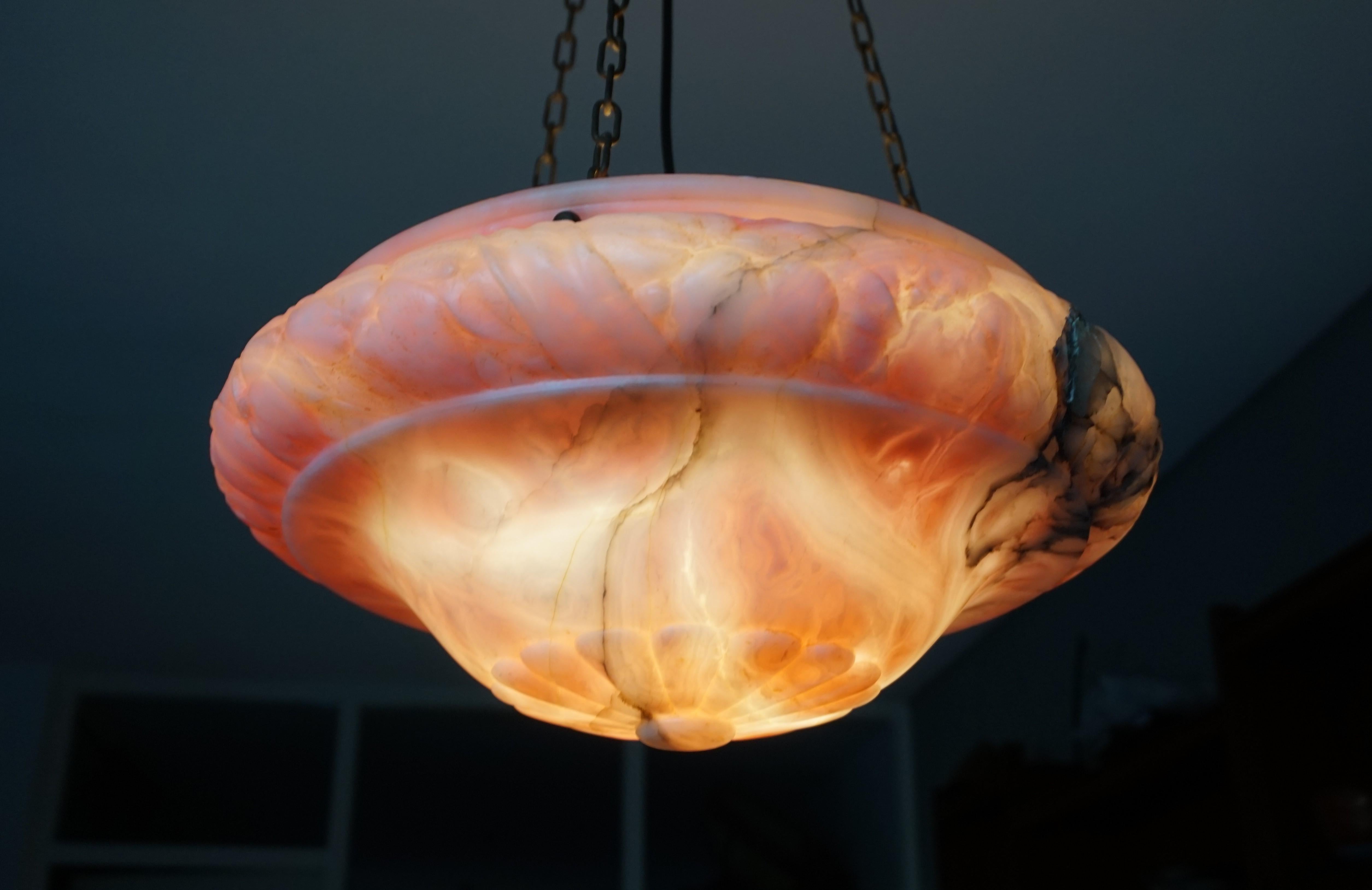 20th Century Pink, White & Black Pendant Light with a Hand Carved Thick Alabaster Shade