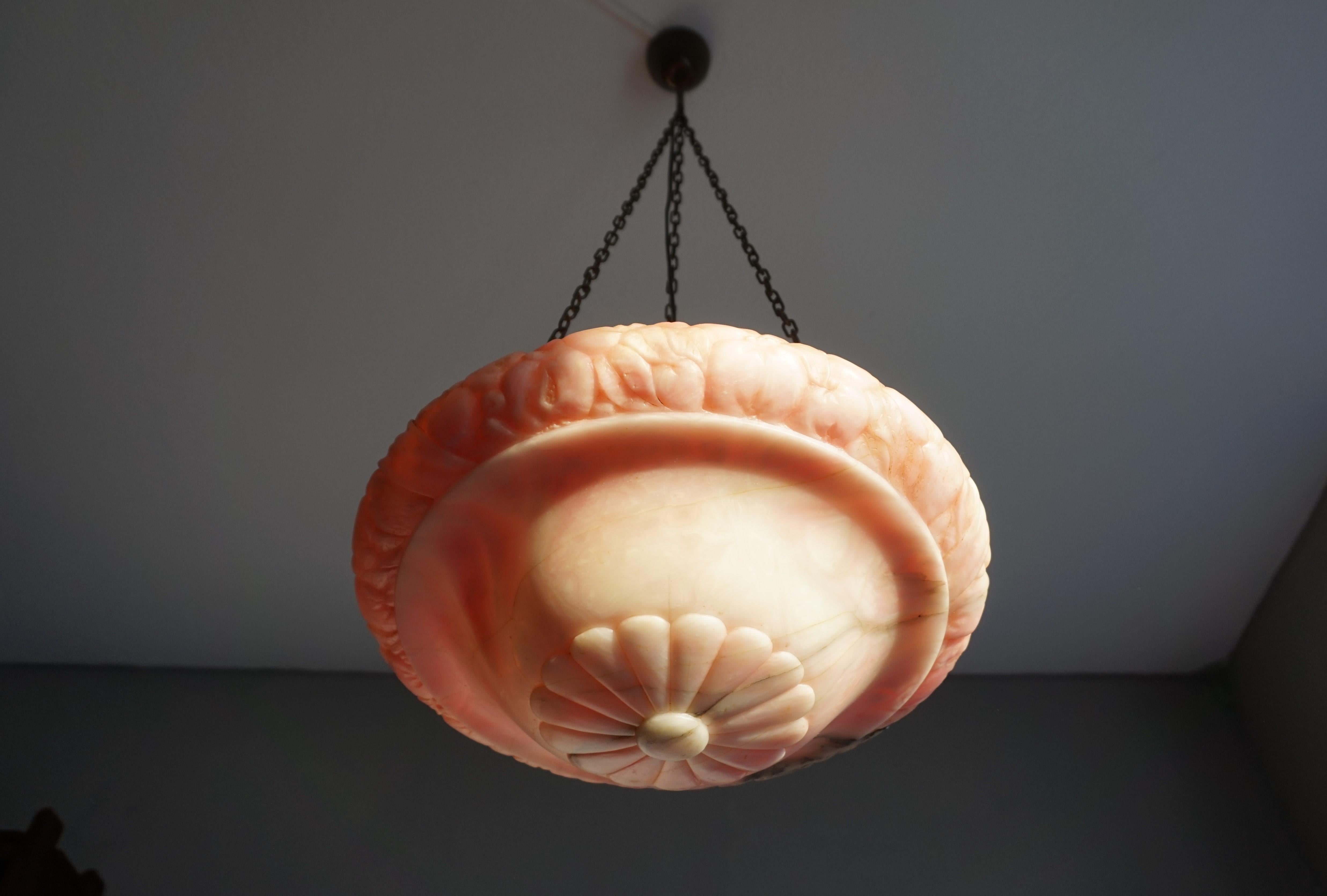 Brass Pink, White & Black Pendant Light with a Hand Carved Thick Alabaster Shade For Sale