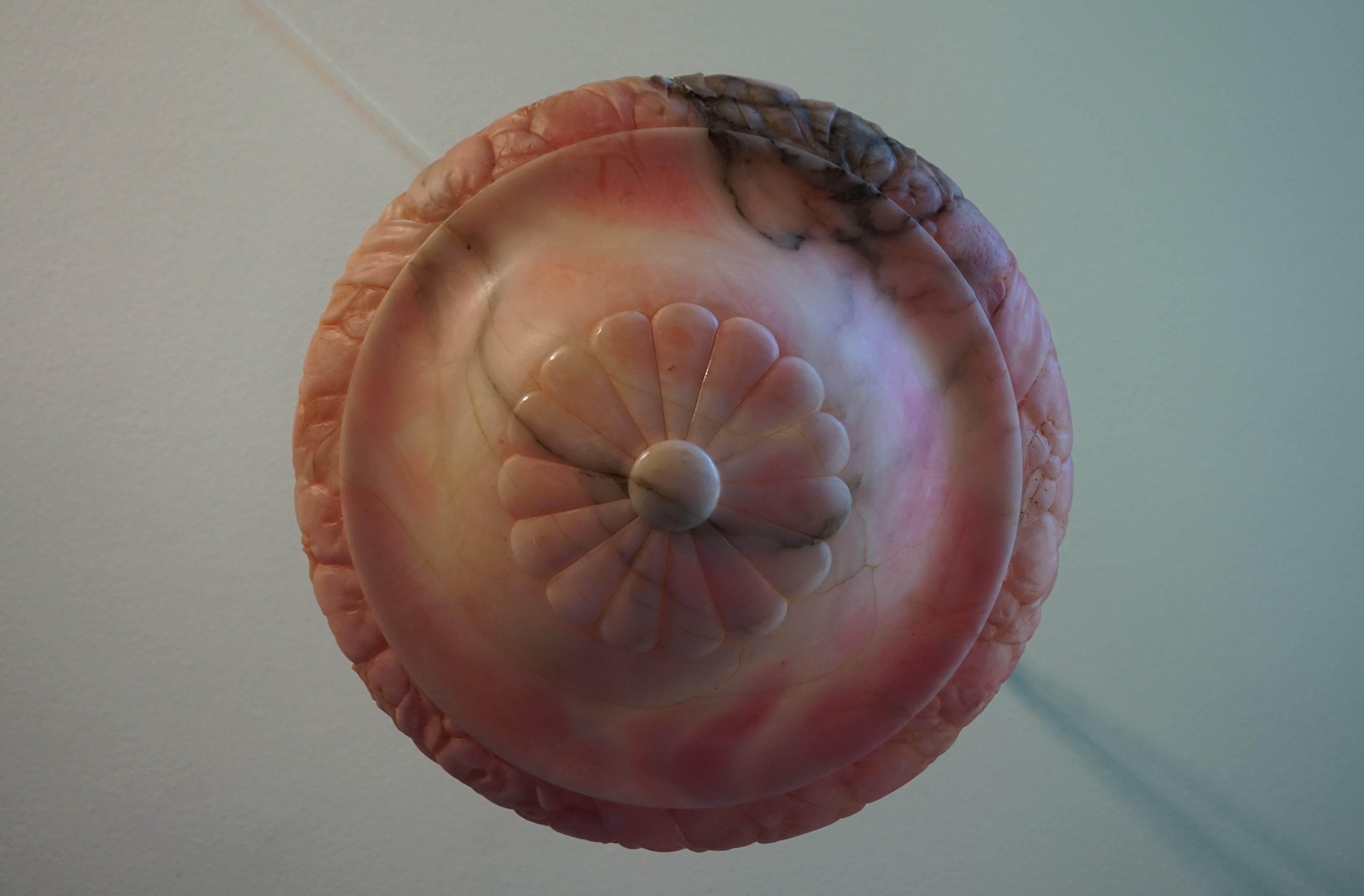 Pink, White & Black Pendant Light with a Hand Carved Thick Alabaster Shade For Sale 1