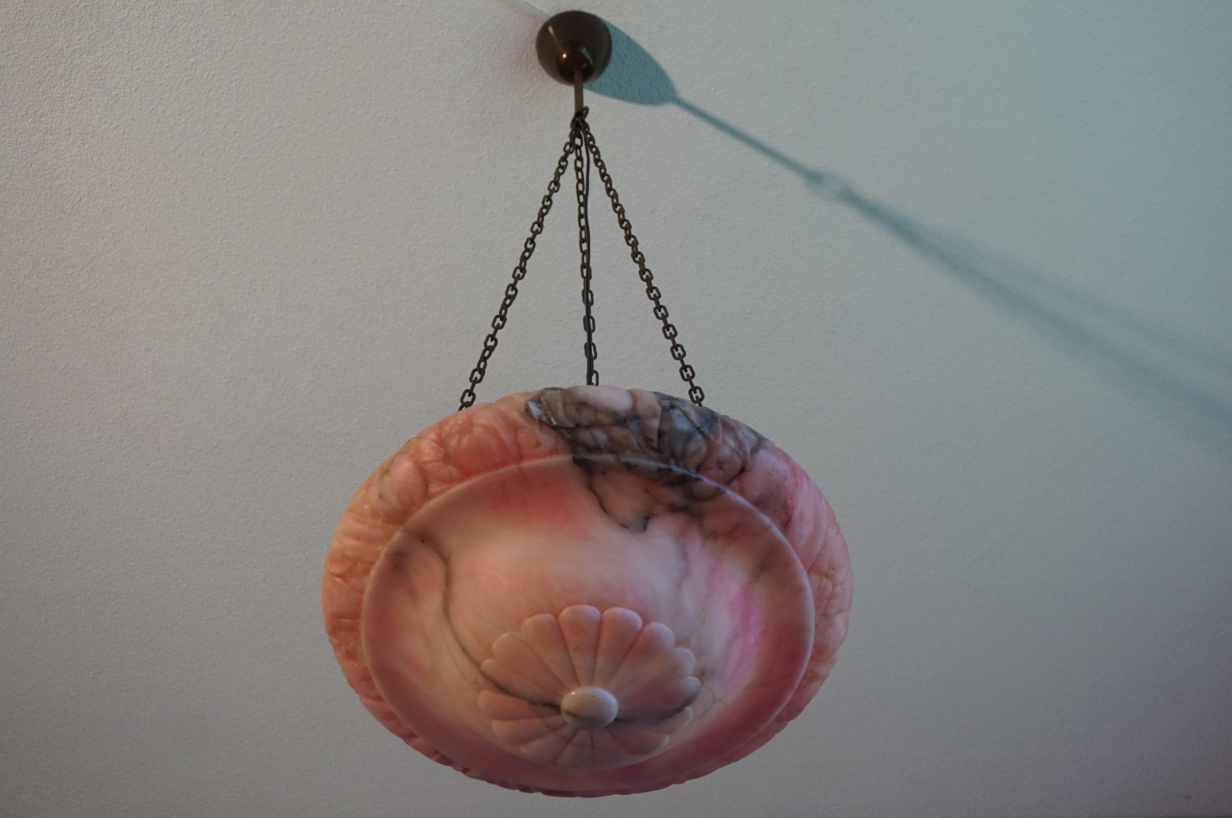 Pink, White & Black Pendant Light with a Hand Carved Thick Alabaster Shade For Sale 3