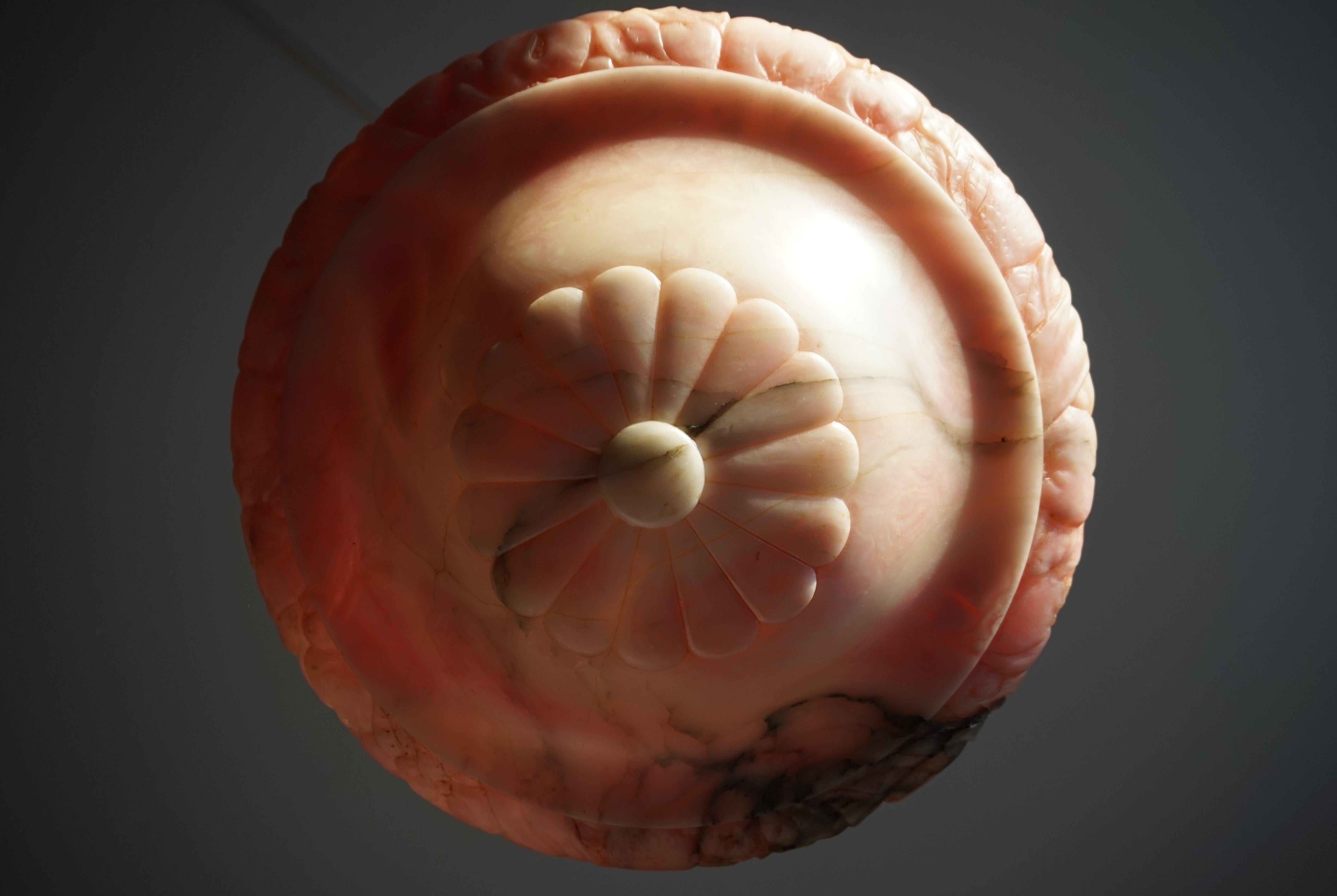Pink, White & Black Pendant Light with a Hand Carved Thick Alabaster Shade 7