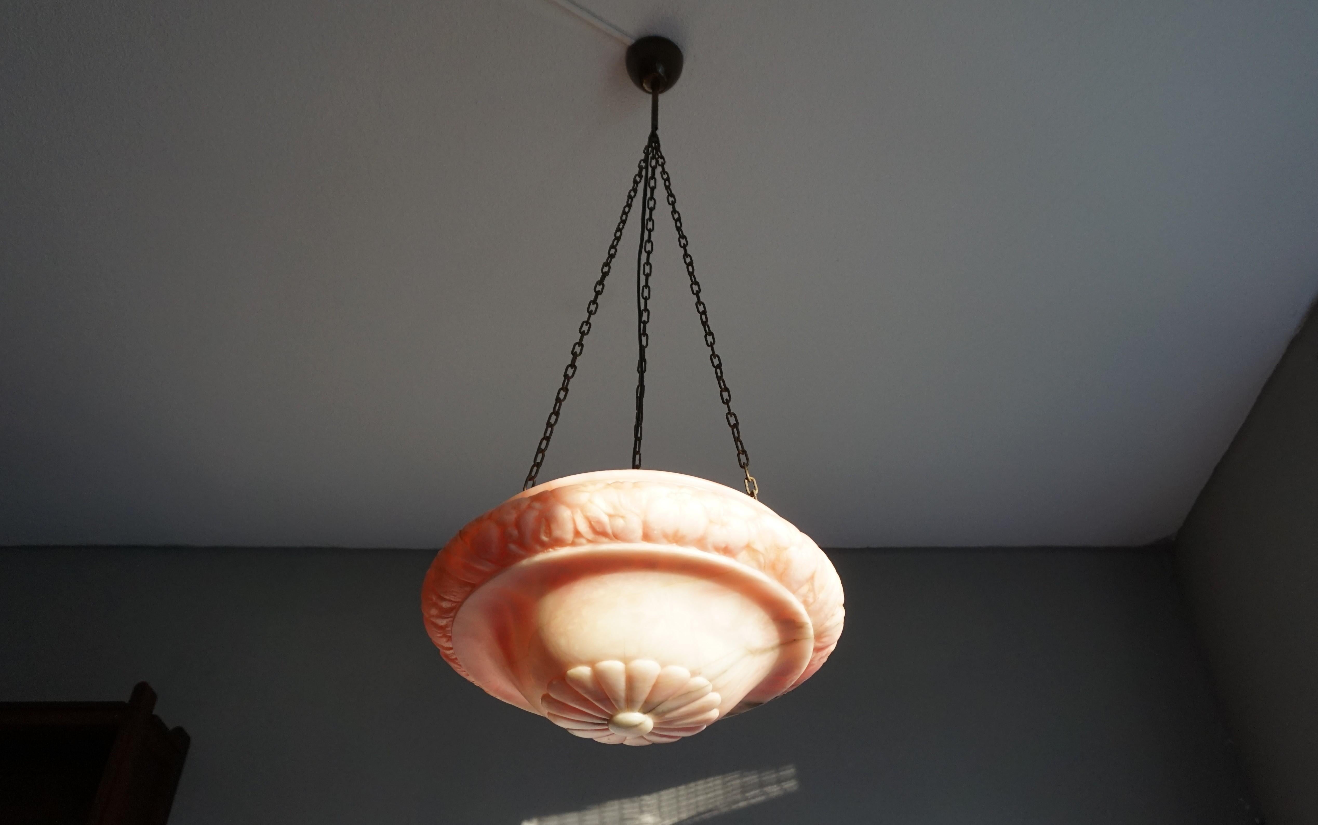 Pink, White & Black Pendant Light with a Hand Carved Thick Alabaster Shade For Sale 8