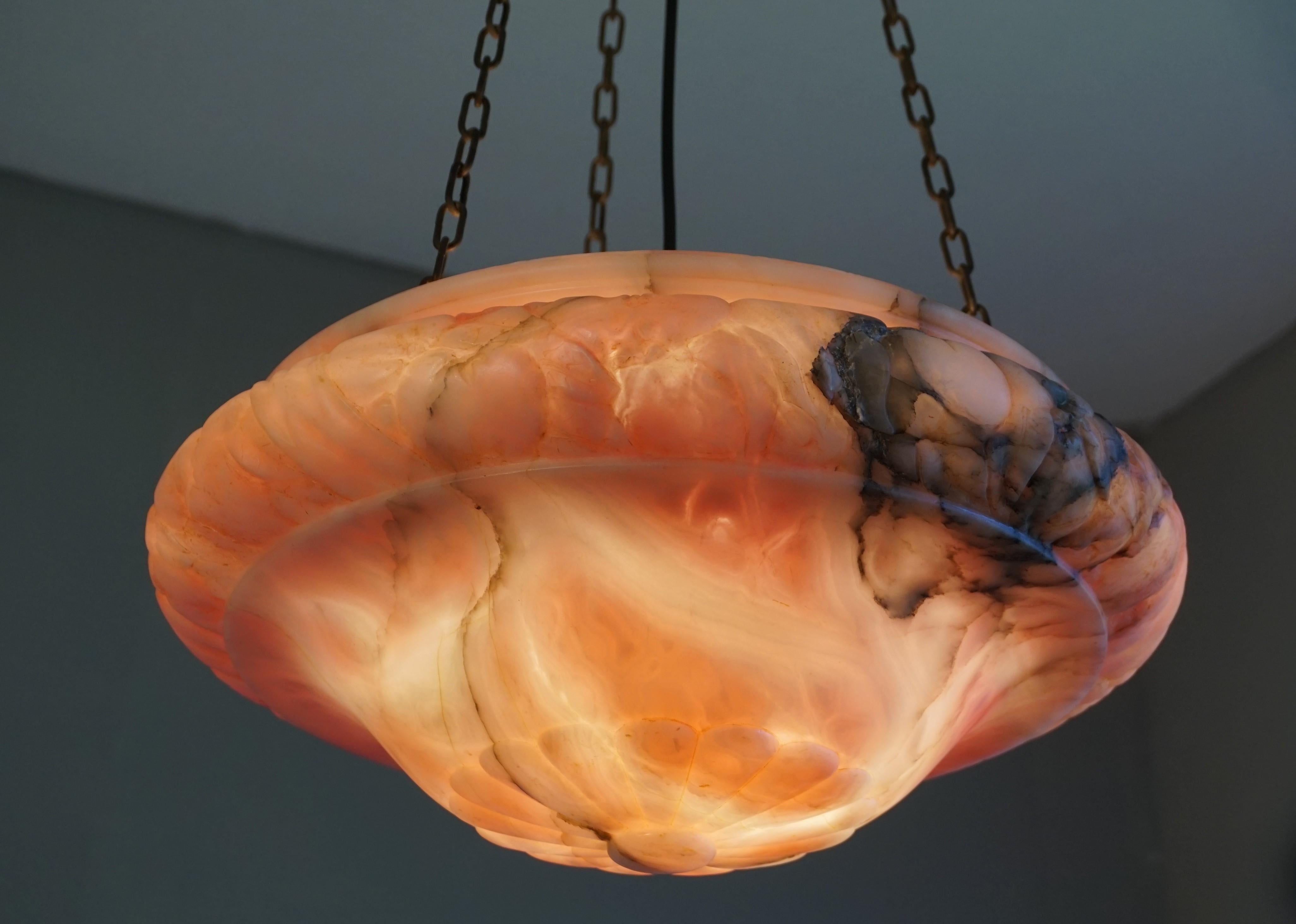 Classical Roman Pink, White & Black Pendant Light with a Hand Carved Thick Alabaster Shade For Sale