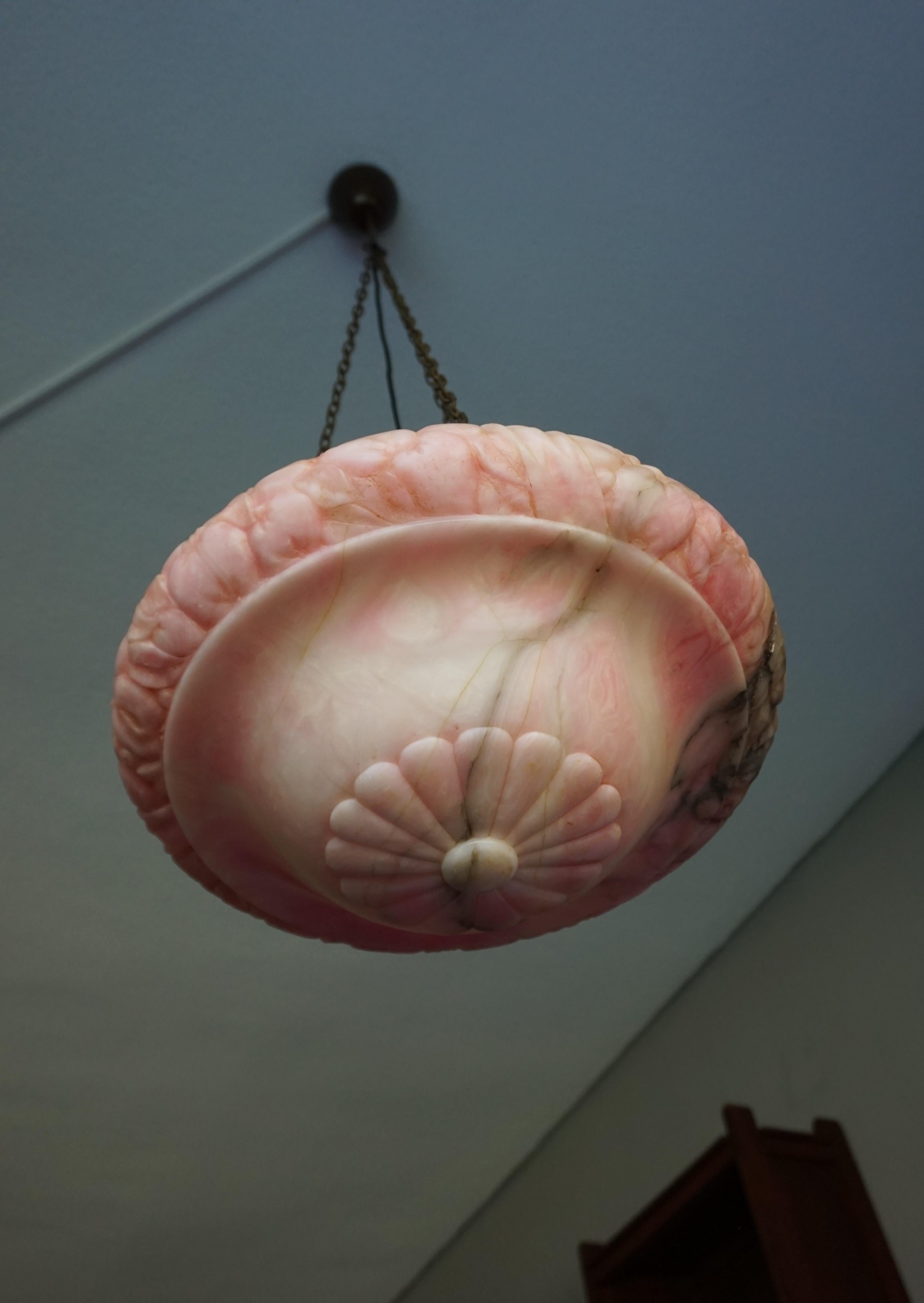 European Pink, White & Black Pendant Light with a Hand Carved Thick Alabaster Shade