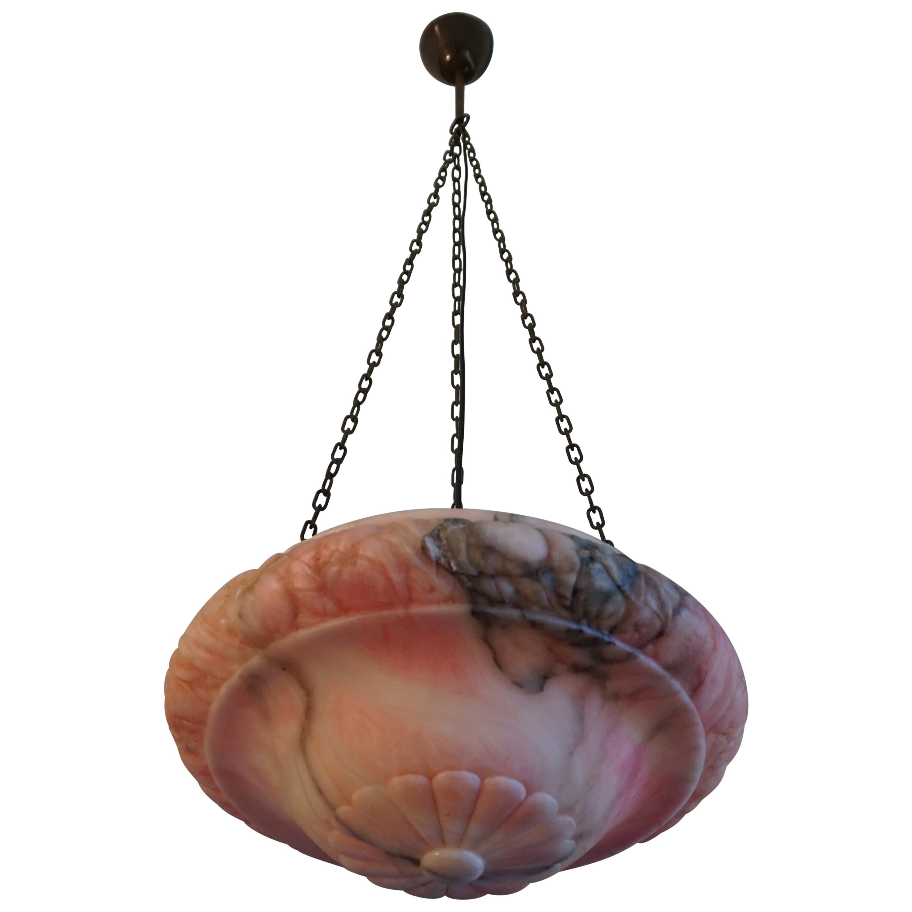 Pink, White & Black Pendant Light with a Hand Carved Thick Alabaster Shade For Sale