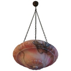 Pink, White & Black Pendant Light with a Hand Carved Thick Alabaster Shade