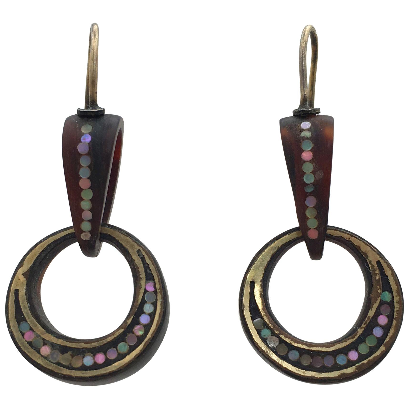 Antique Pique Drop Earrings Tortoiseshell Mother-of-Pearl Crescent Moon Hoops For Sale