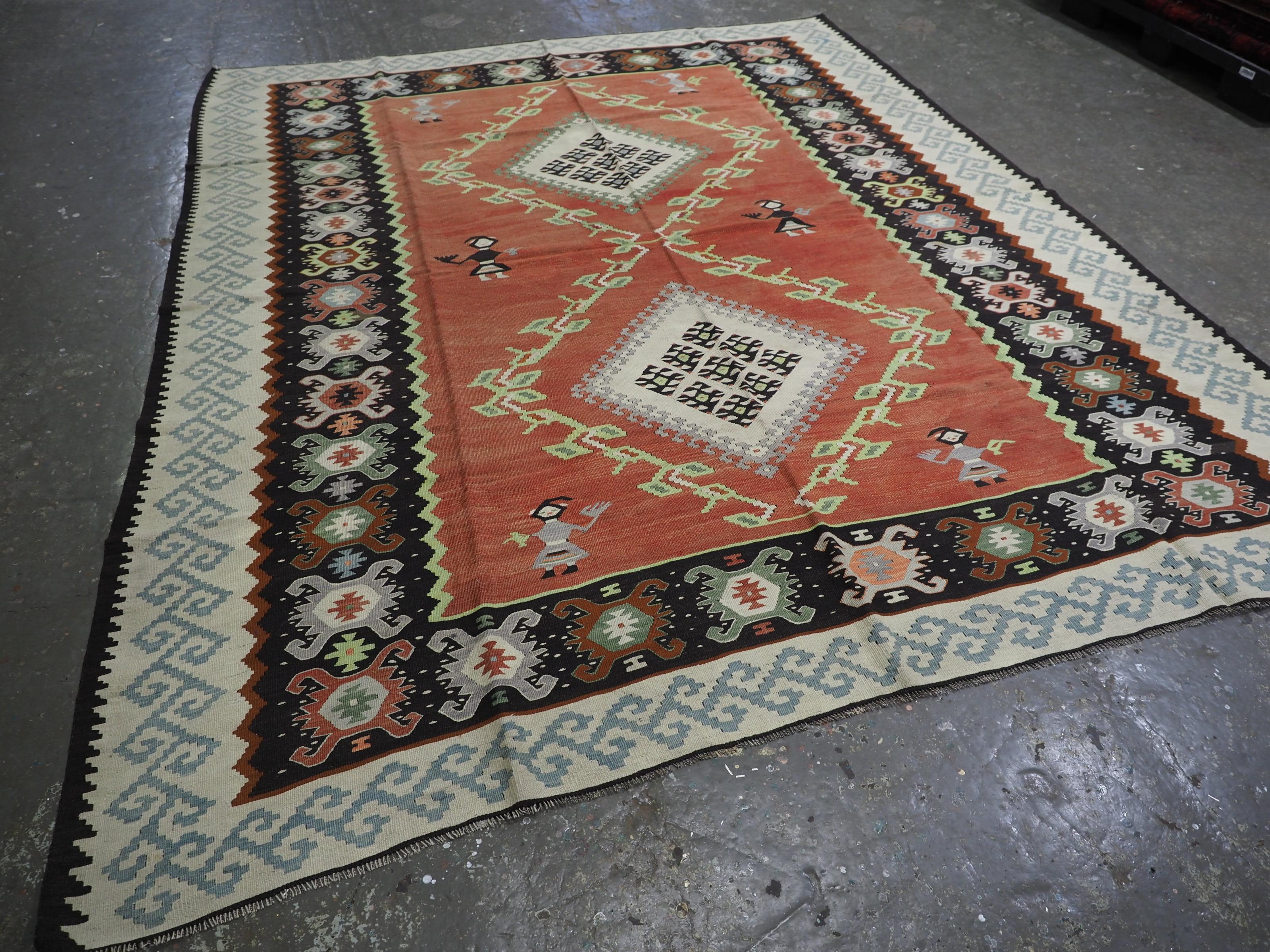 Size: 9ft 7in x 7ft 10in (292 x 240cm).

Antique Pirot / Sarkoy kilim of scarce design. A kilim of good room size with outstanding colour.

Circa 1920.

Pirot kilims are also known as Sarkoy or Sharkoy, they originate from the town of Pirot in