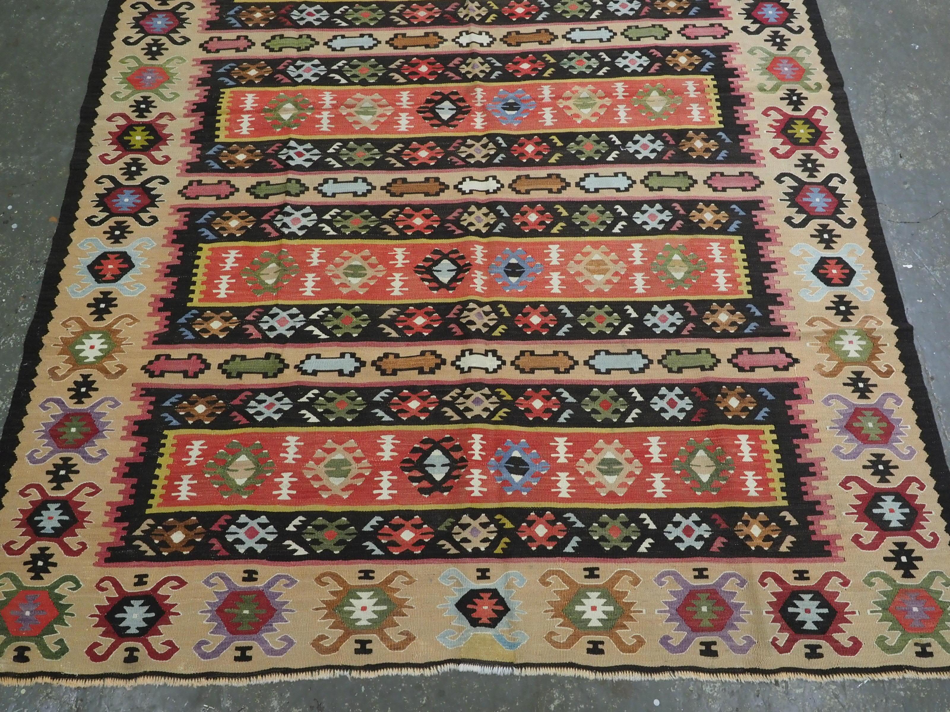 Early 20th Century Antique Pirot / Sarkoy kilim of traditional banded design, circa 1920. For Sale