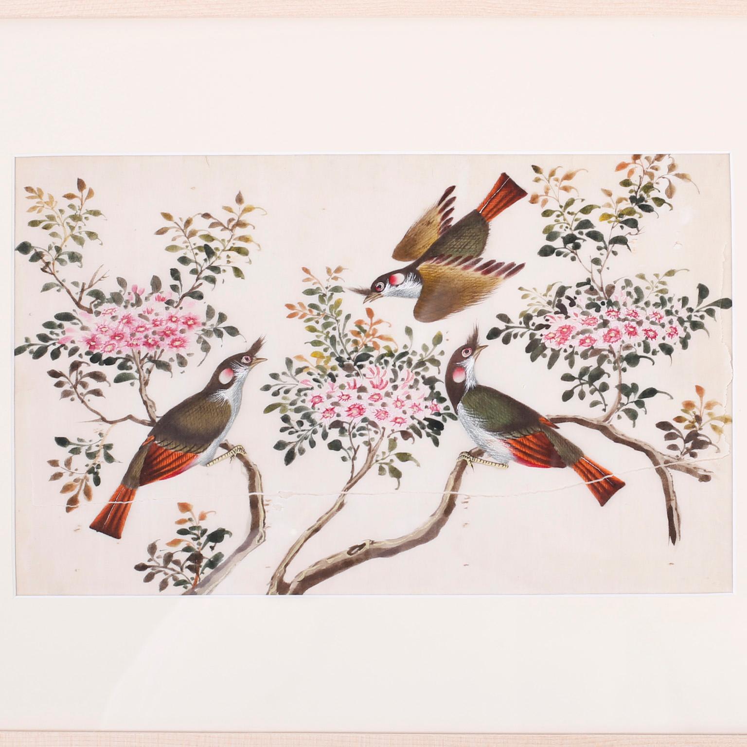 Charming framed and matted antique Chinese painting of birds. Painted on pith paper with gouache in bold colors in a scholastic style. Having the expected wear and foxing.