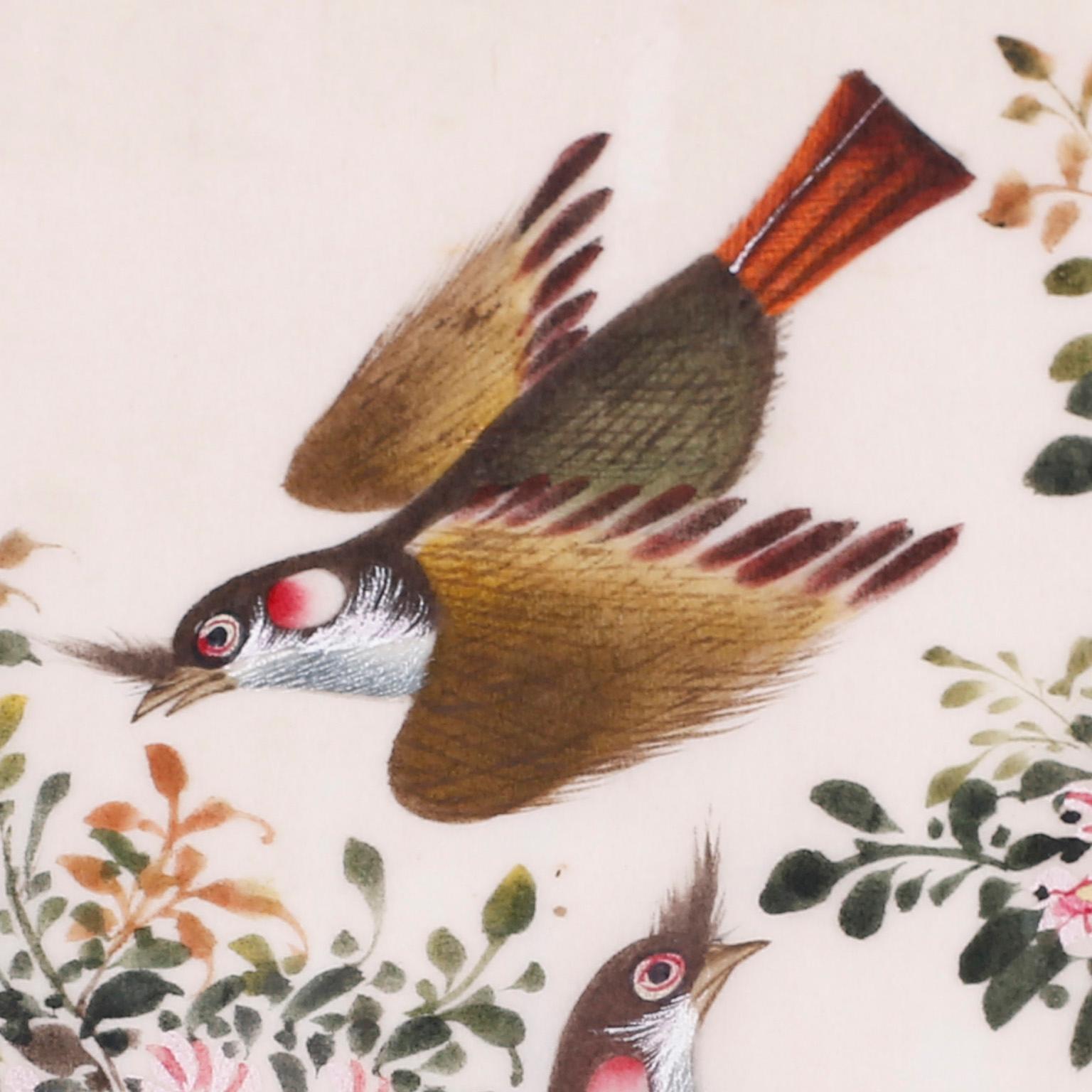 Chinoiserie Antique Pith Painting of Birds For Sale