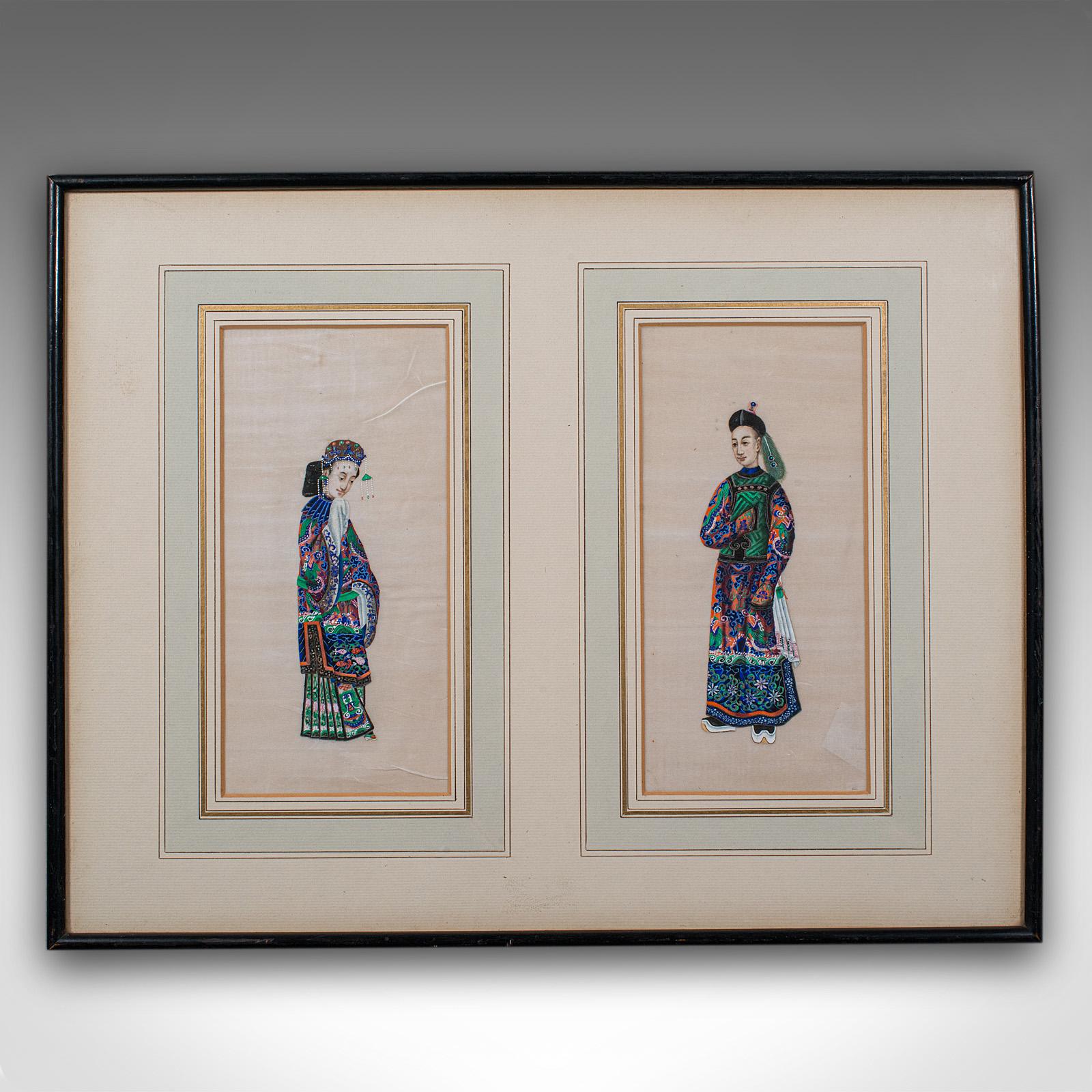 Dies ist ein antikes Markierungsbild. Ein orientalisches, gerahmtes Aquarell-Figurenpaar aus der Qing-Dynastie, aus der frühen viktorianischen Zeit, um 1850. Ein schönes Beispiel chinesischer Kunstfertigkeit, das auf traditionellem Markpapier