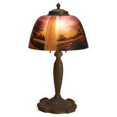 Antica lampada da tavolo Pittsburg in lino Foldes dipinta a rovescio con paesaggio C1920