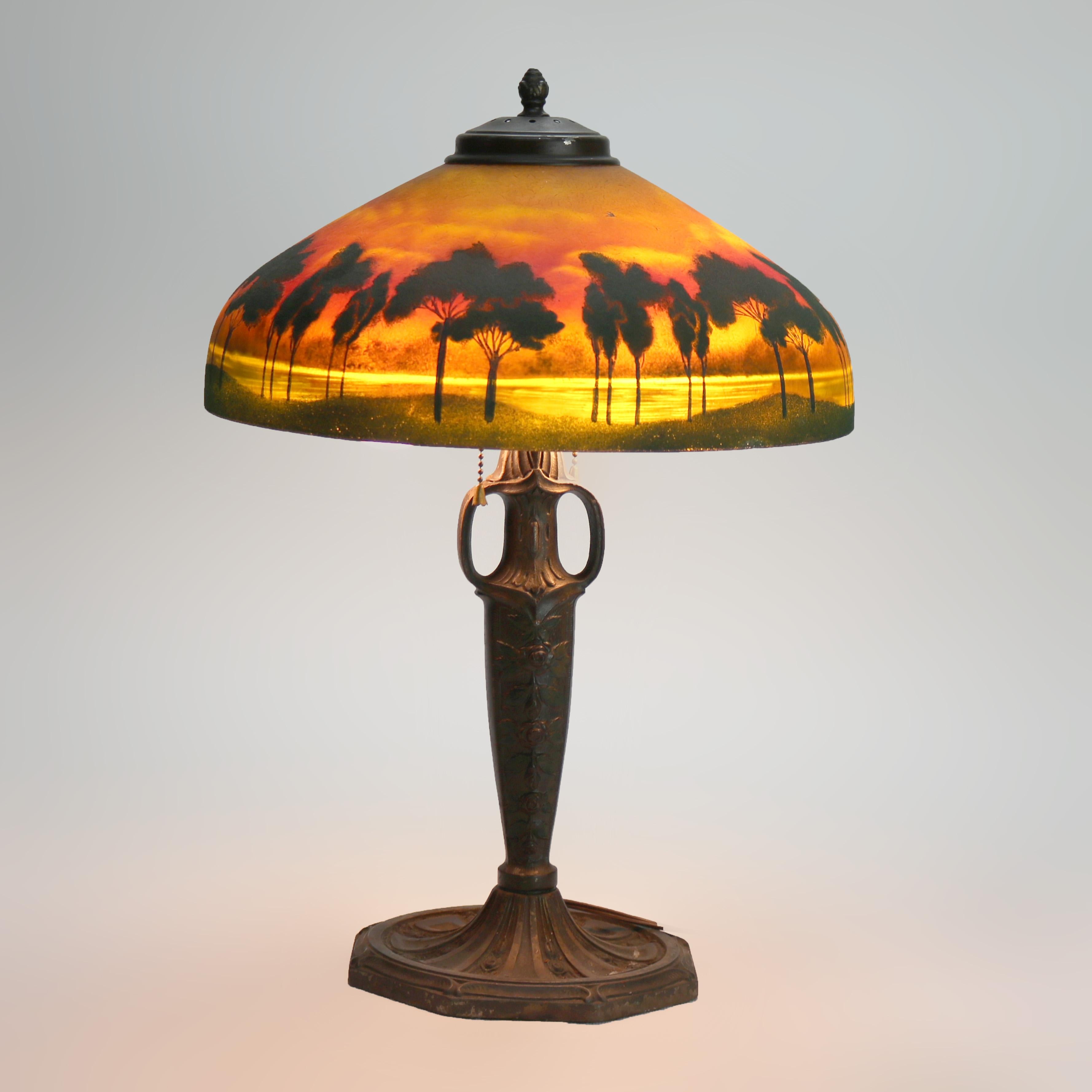 Antique Pittsburg Reverse Obverse Lake Scene Landscape Painted Table Lamp c1920 5