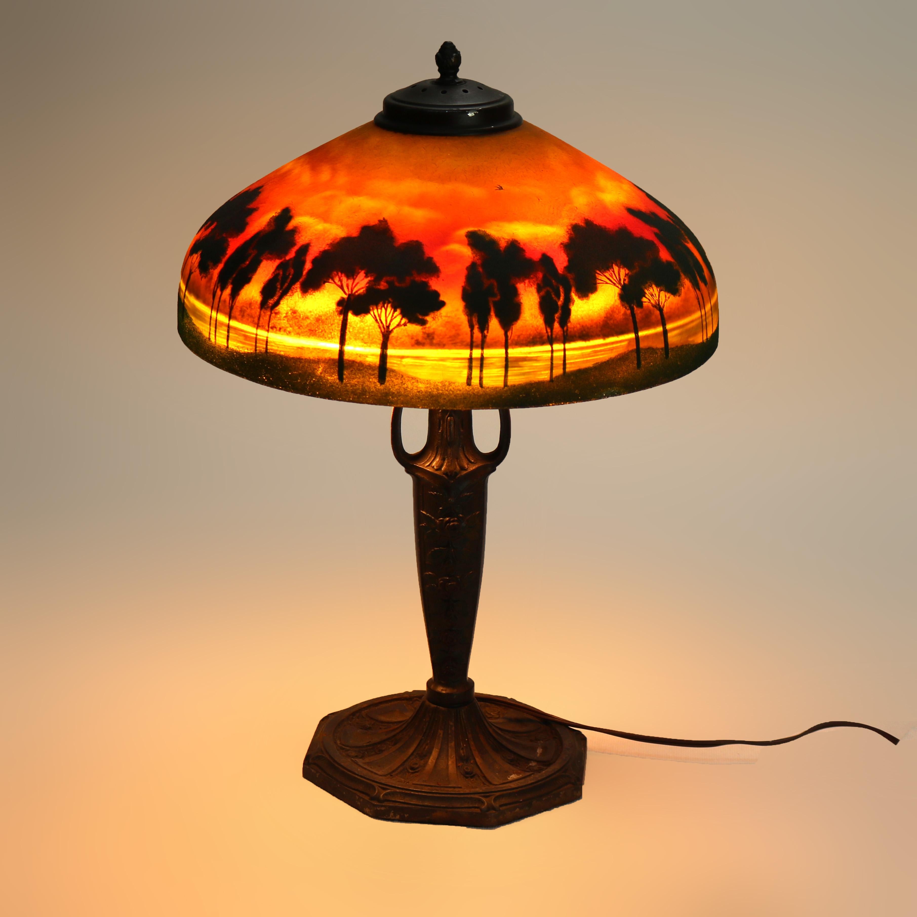Antique Pittsburg Reverse Obverse Lake Scene Landscape Painted Table Lamp c1920.   
19