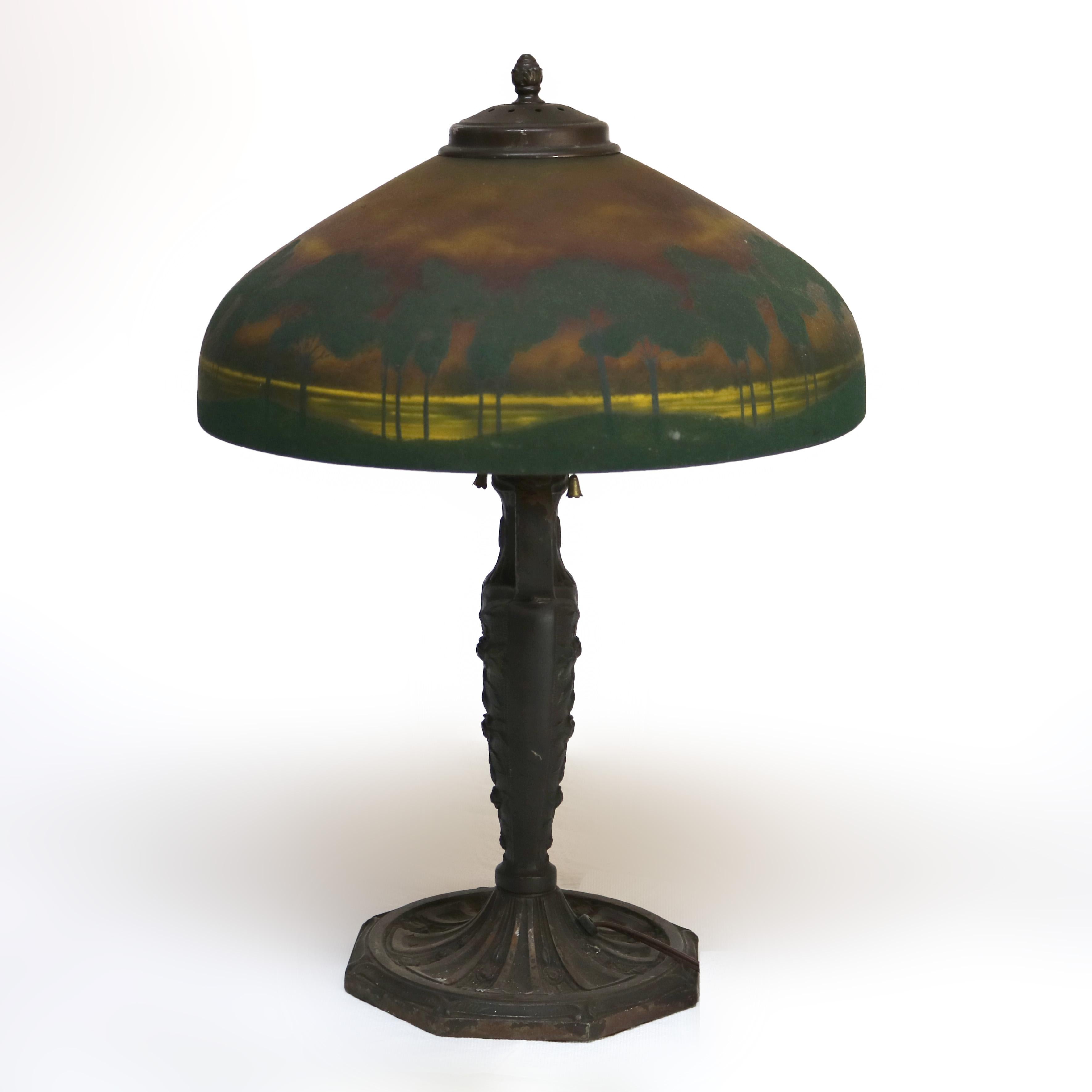 Arts and Crafts Antique Pittsburg Reverse Obverse Lake Scene Landscape Painted Table Lamp c1920