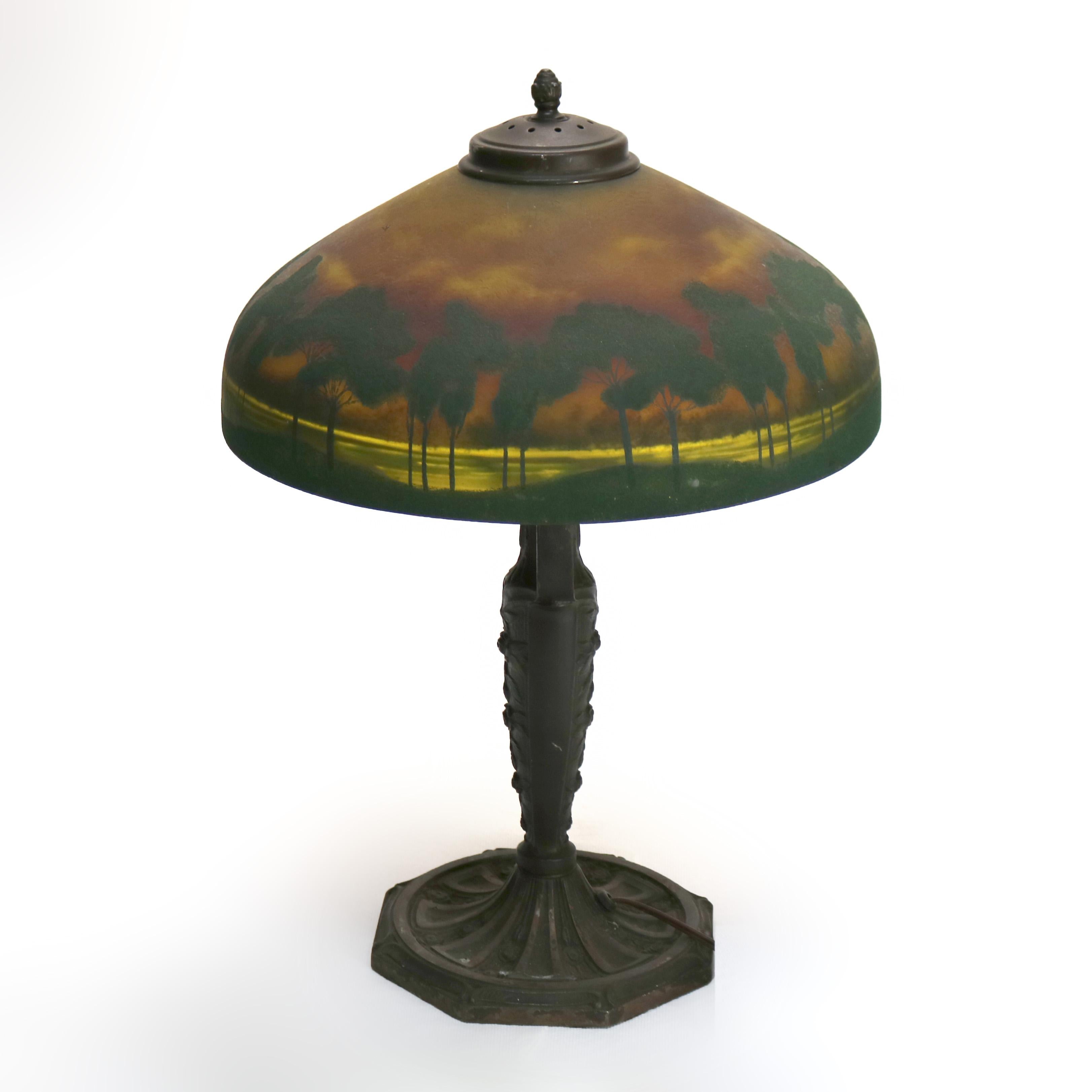 American Antique Pittsburg Reverse Obverse Lake Scene Landscape Painted Table Lamp c1920