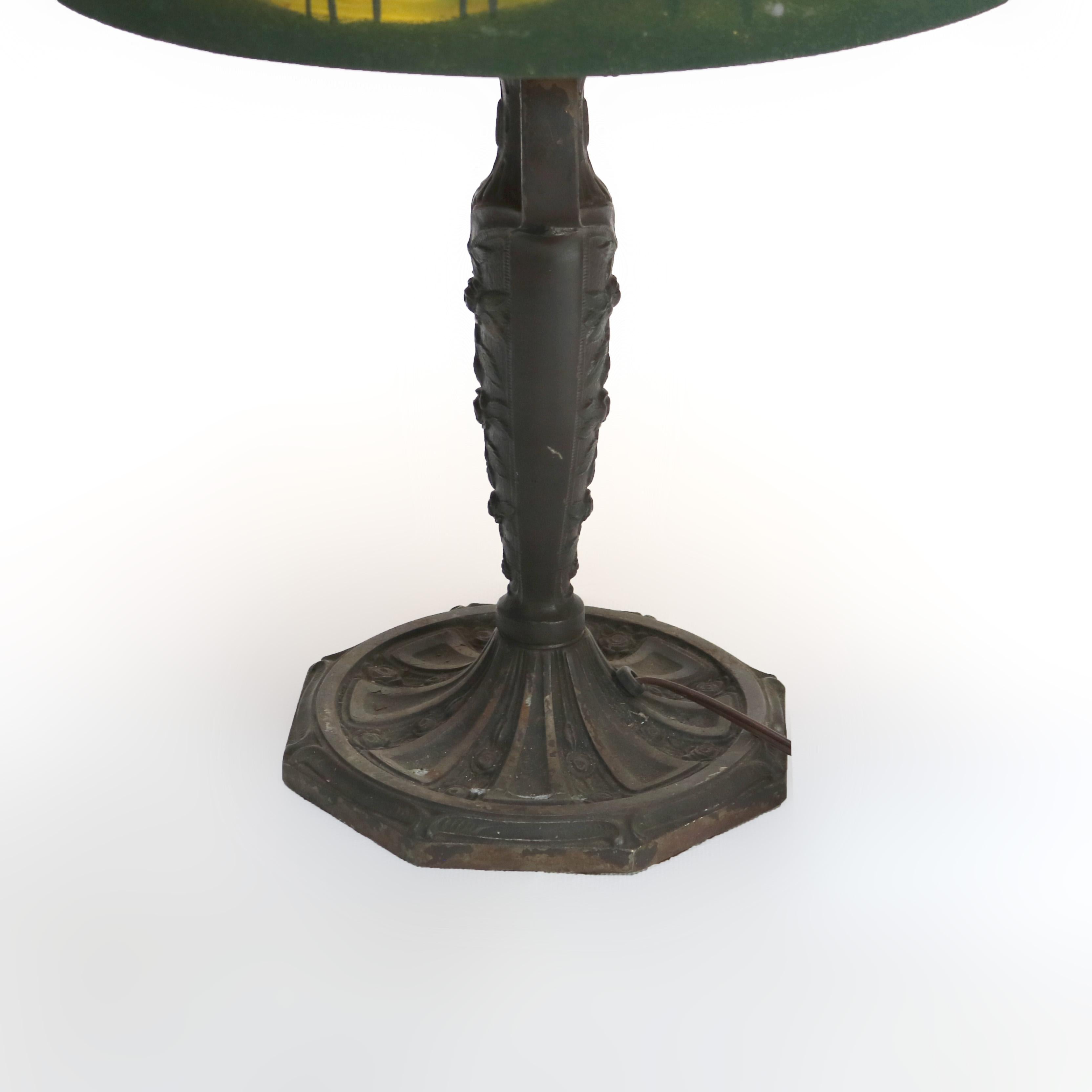 Antique Pittsburg Reverse Obverse Lake Scene Landscape Painted Table Lamp c1920 In Good Condition In Big Flats, NY