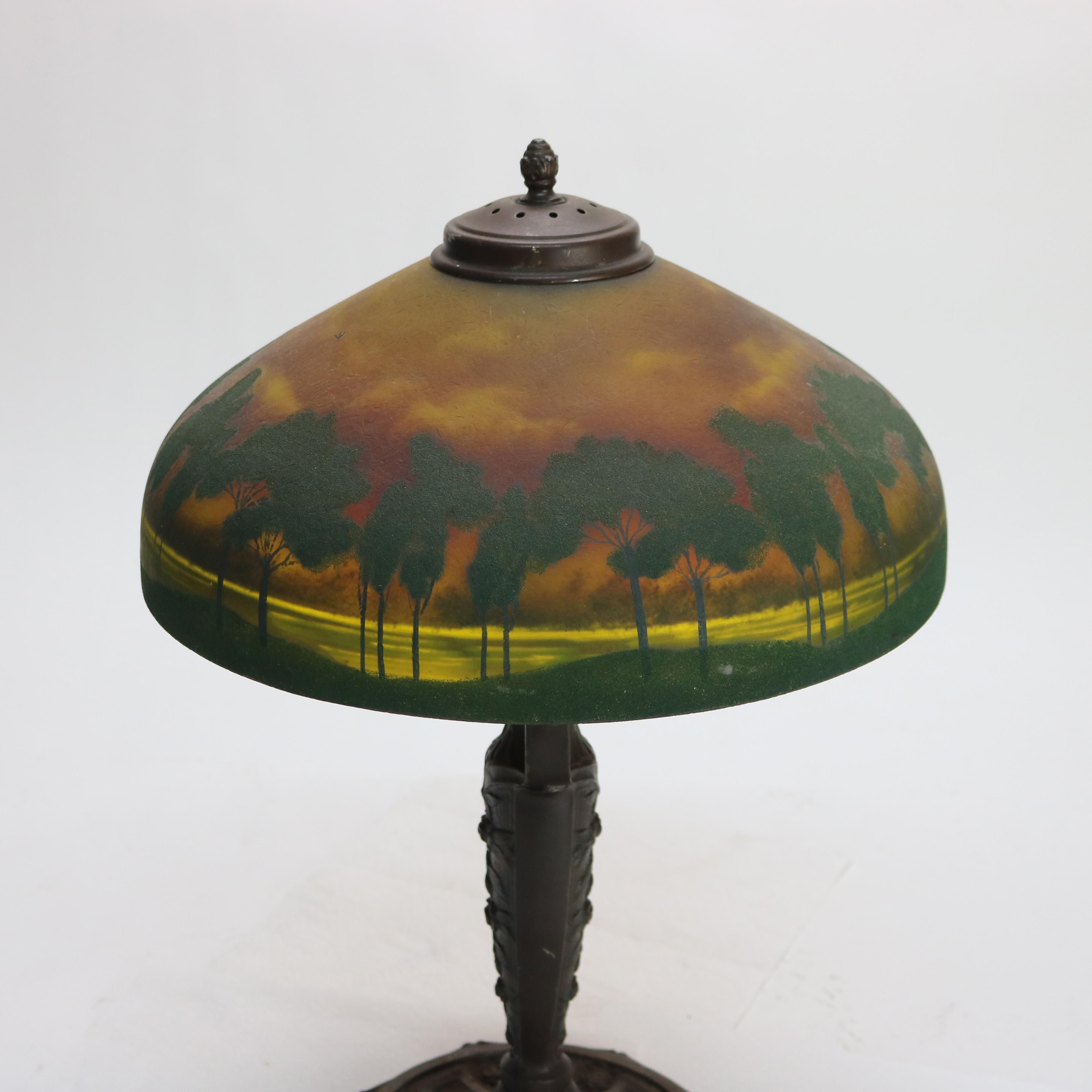 20th Century Antique Pittsburg Reverse Obverse Lake Scene Landscape Painted Table Lamp c1920
