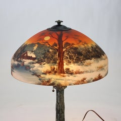 Antique Pittsburg Reverse Painted Table Lamp With Forest Scene c1920