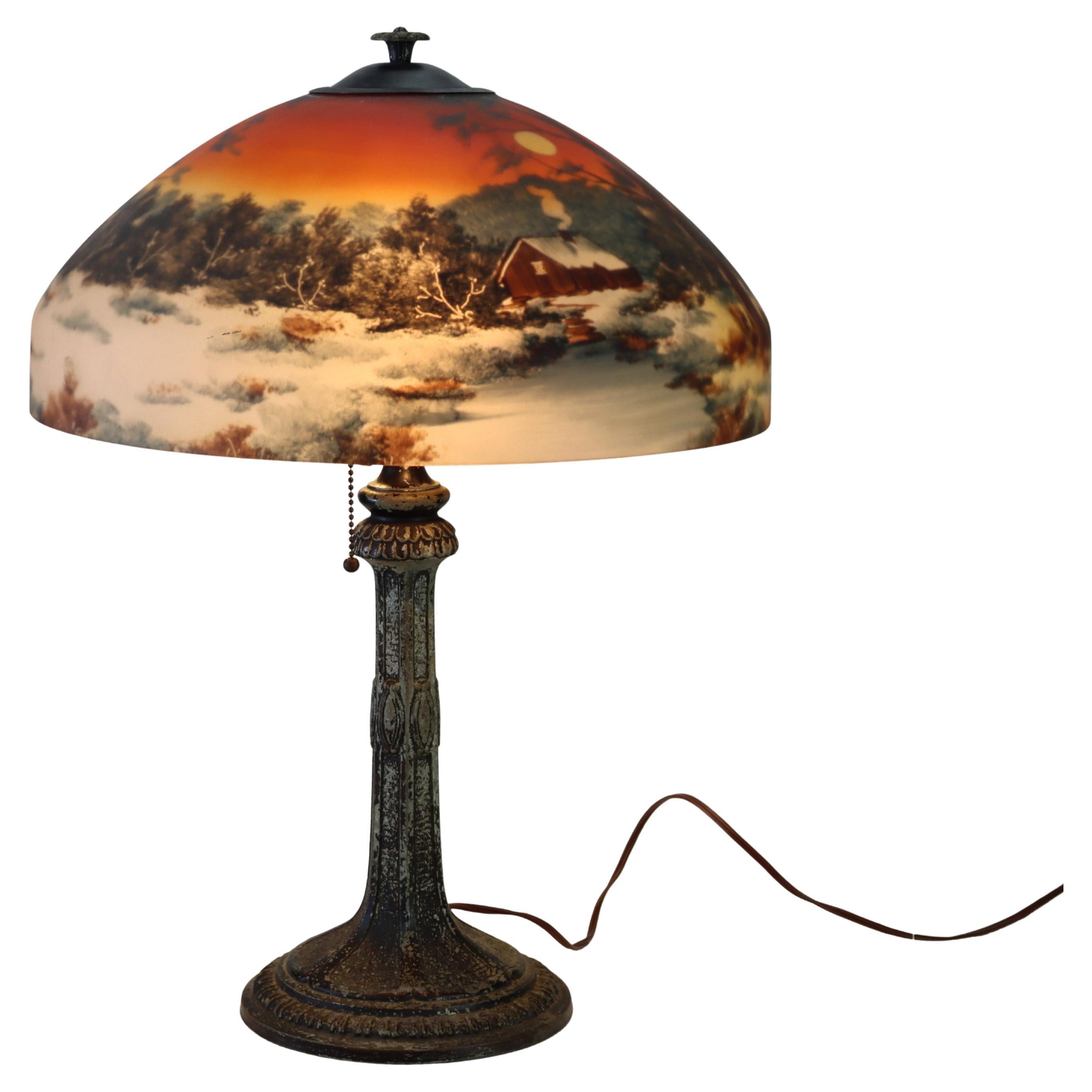 Antique Pittsburg Reverse Painted Table Lamp With Forest Scene c1920 For Sale