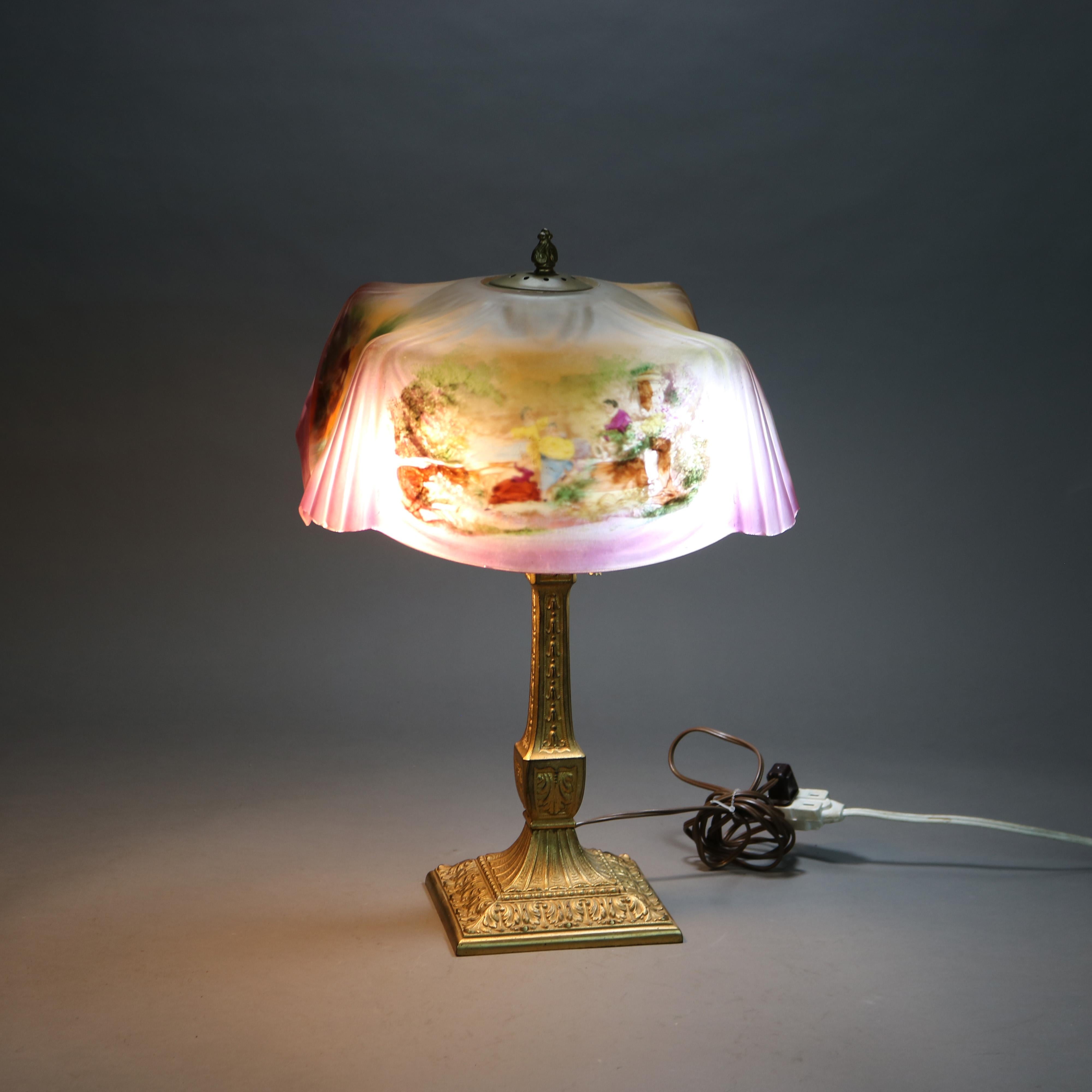 Antique Pittsburgh Reverse Painted Courting Scene Linen Fold Double Socket Table Lamp C1920

Measures - 19 1/2