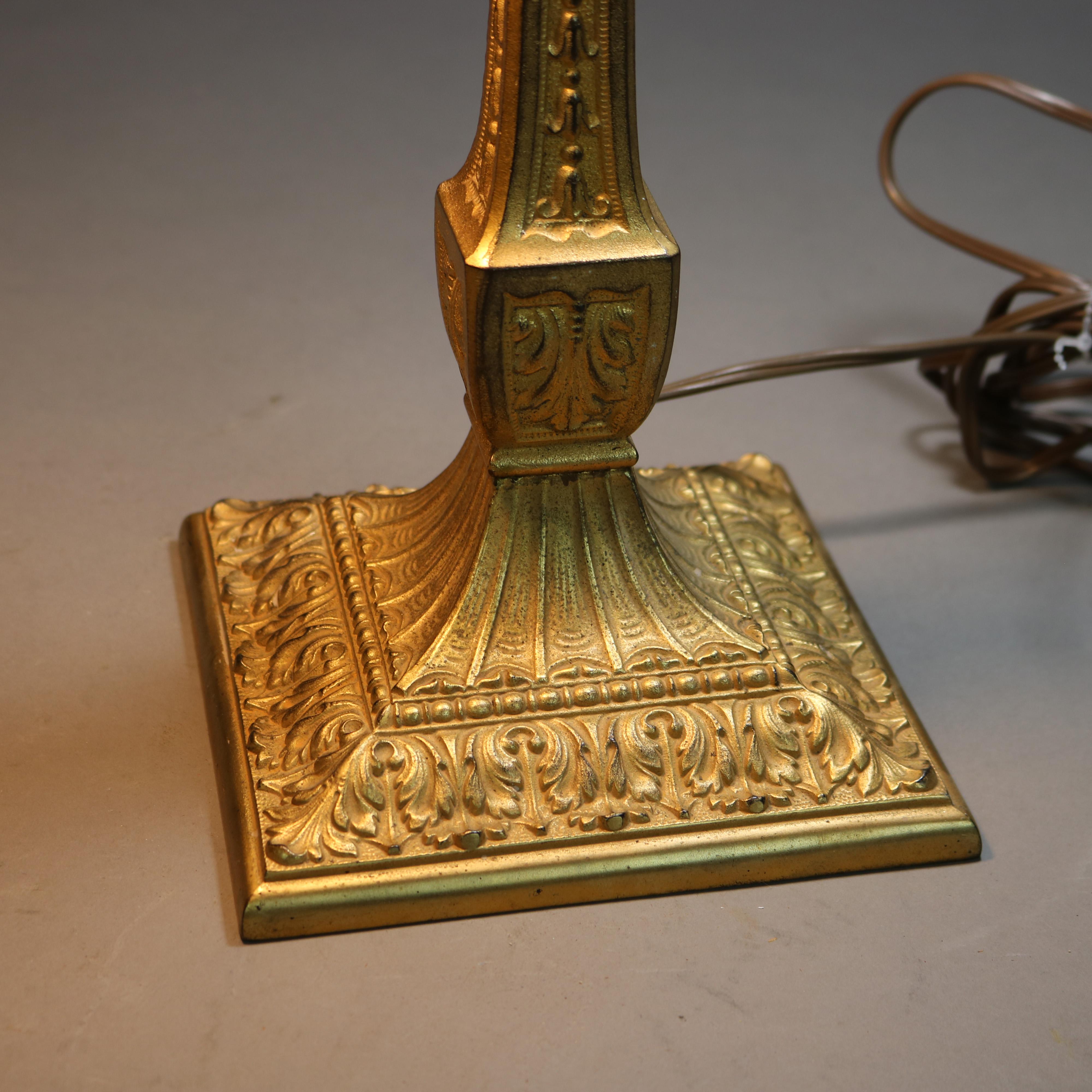 Arts and Crafts Antique Pittsburgh Reverse Painted Courting Scene Linen Fold Table Lamp C1920