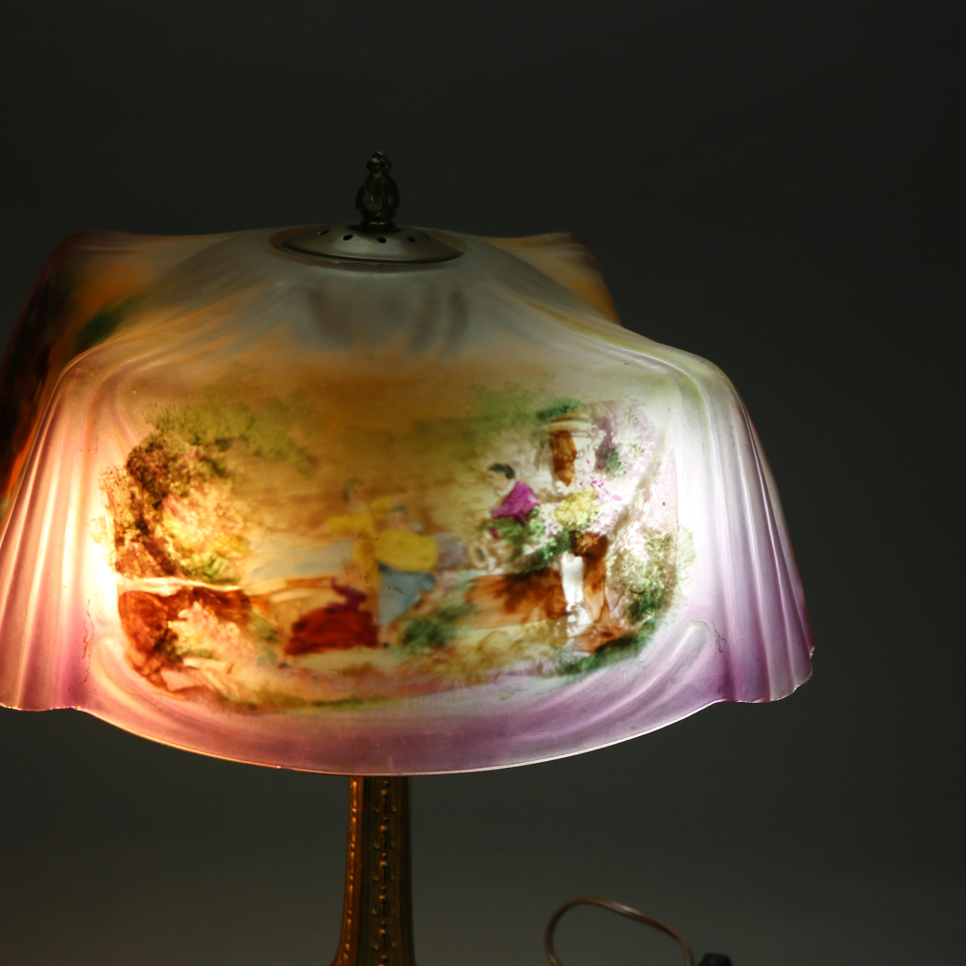 American Antique Pittsburgh Reverse Painted Courting Scene Linen Fold Table Lamp C1920