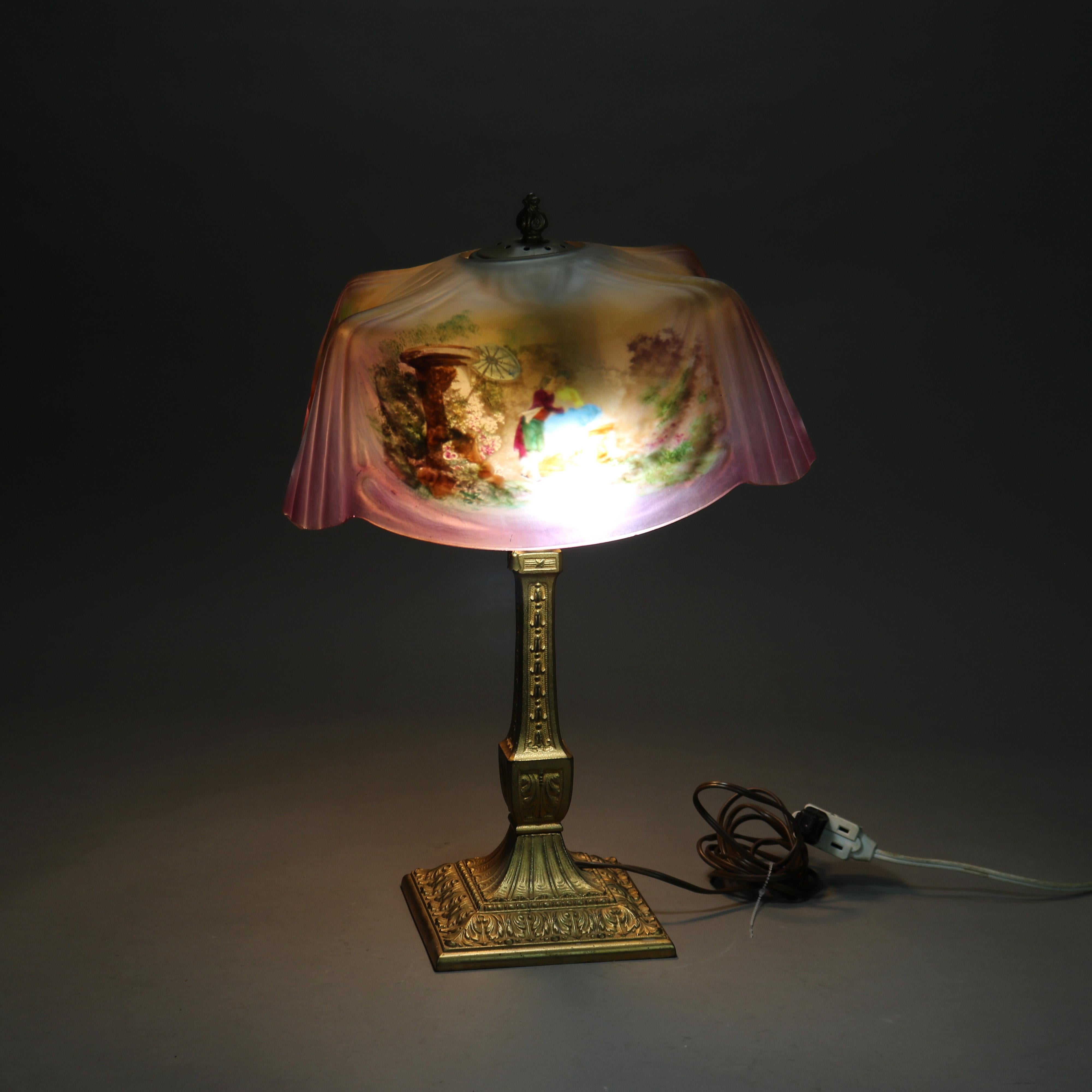 Hand-Painted Antique Pittsburgh Reverse Painted Courting Scene Linen Fold Table Lamp C1920