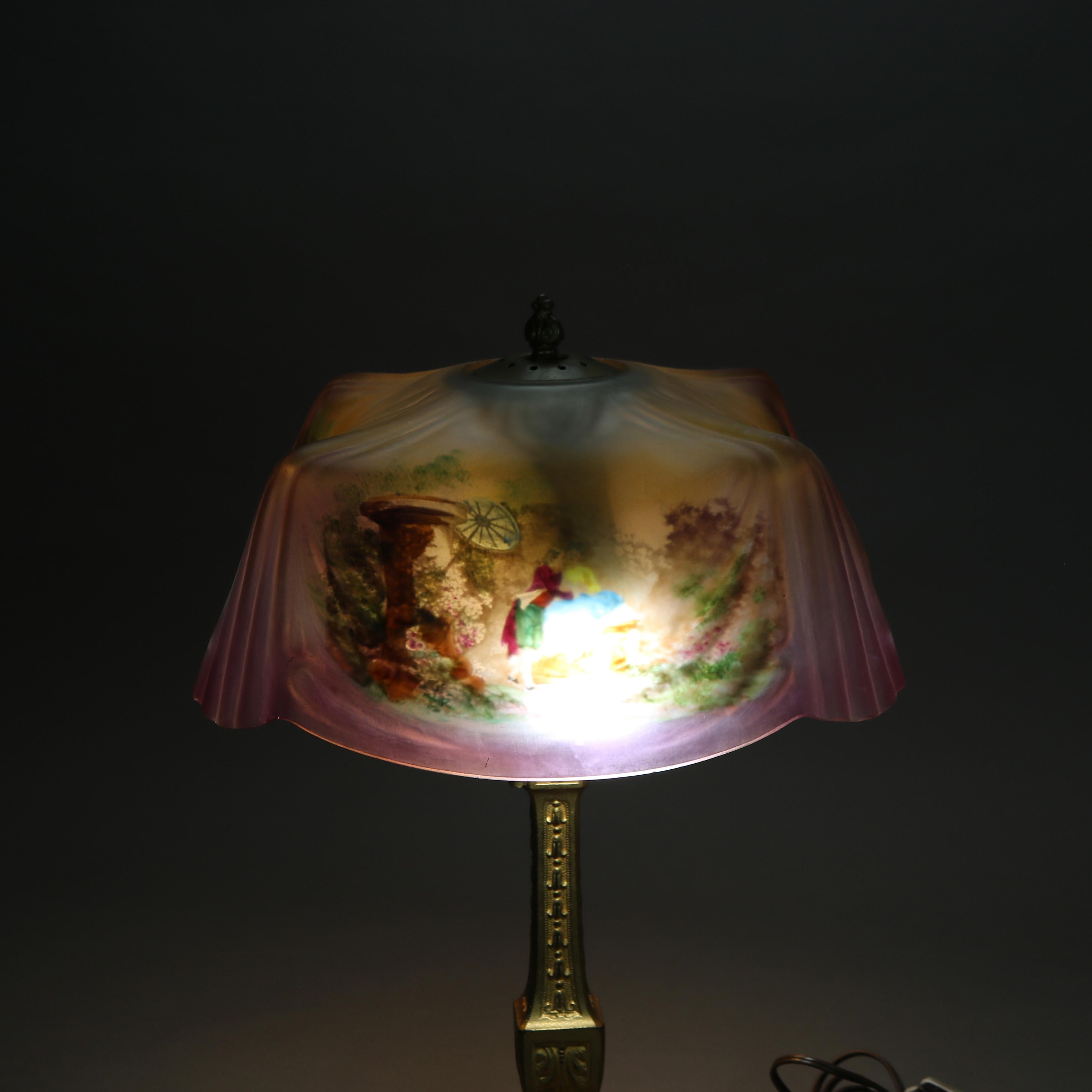 Antique Pittsburgh Reverse Painted Courting Scene Linen Fold Table Lamp C1920 In Good Condition In Big Flats, NY
