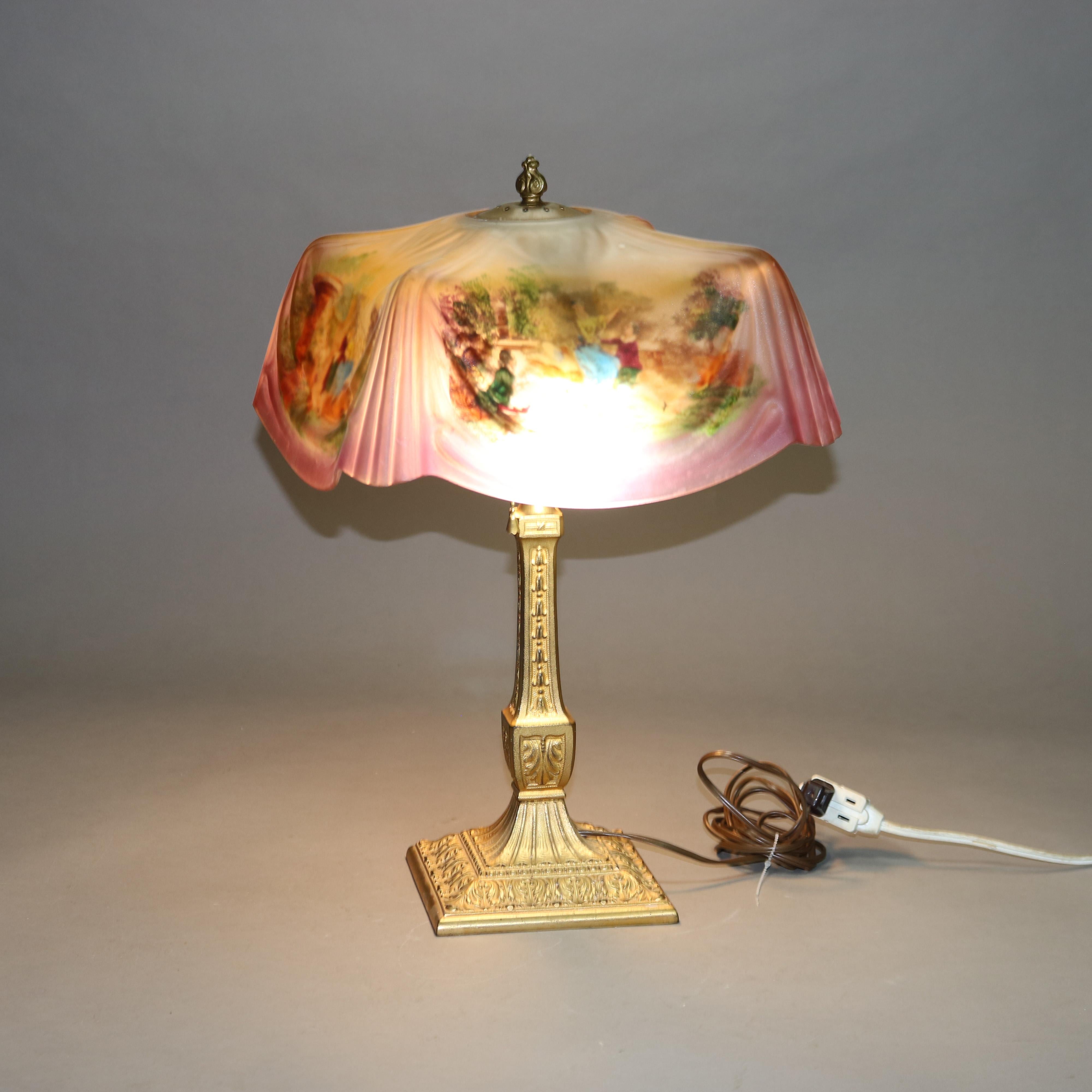 20th Century Antique Pittsburgh Reverse Painted Courting Scene Linen Fold Table Lamp C1920