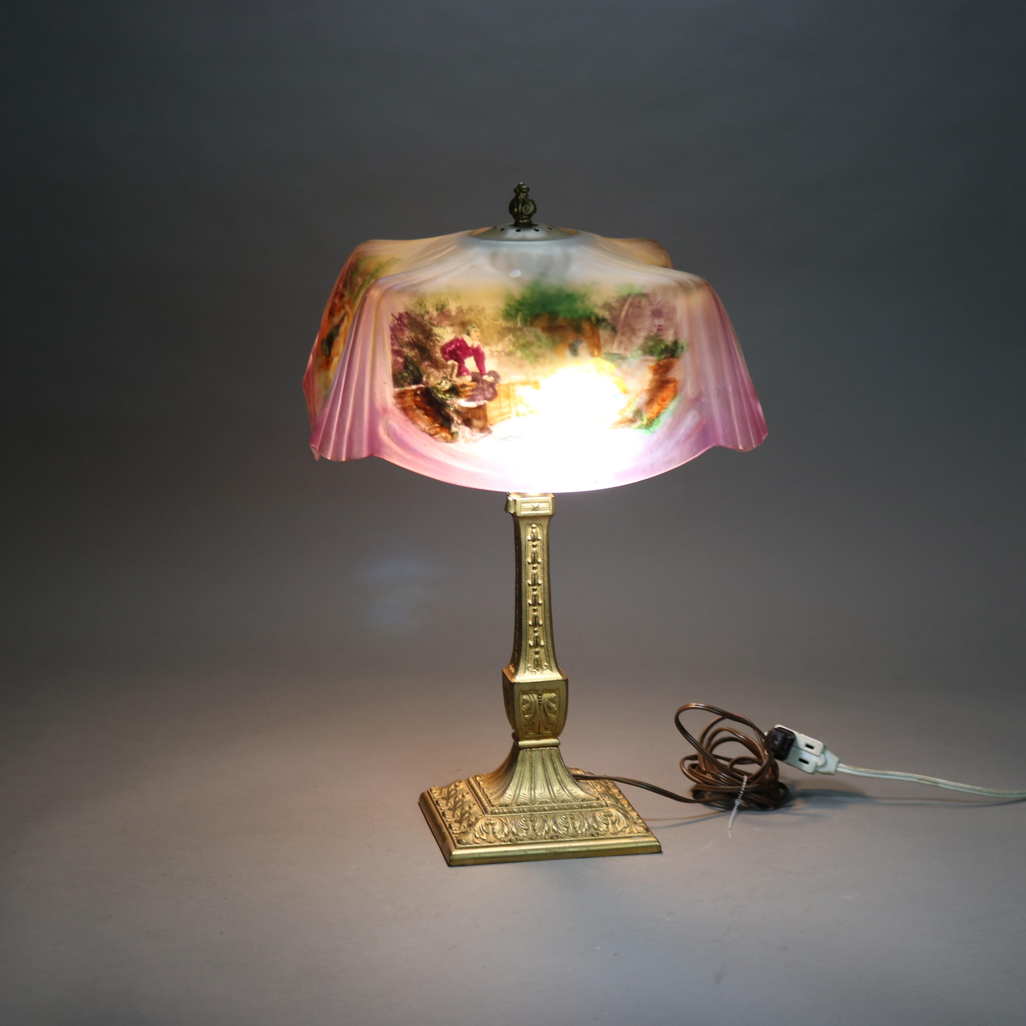 Glass Antique Pittsburgh Reverse Painted Courting Scene Linen Fold Table Lamp C1920