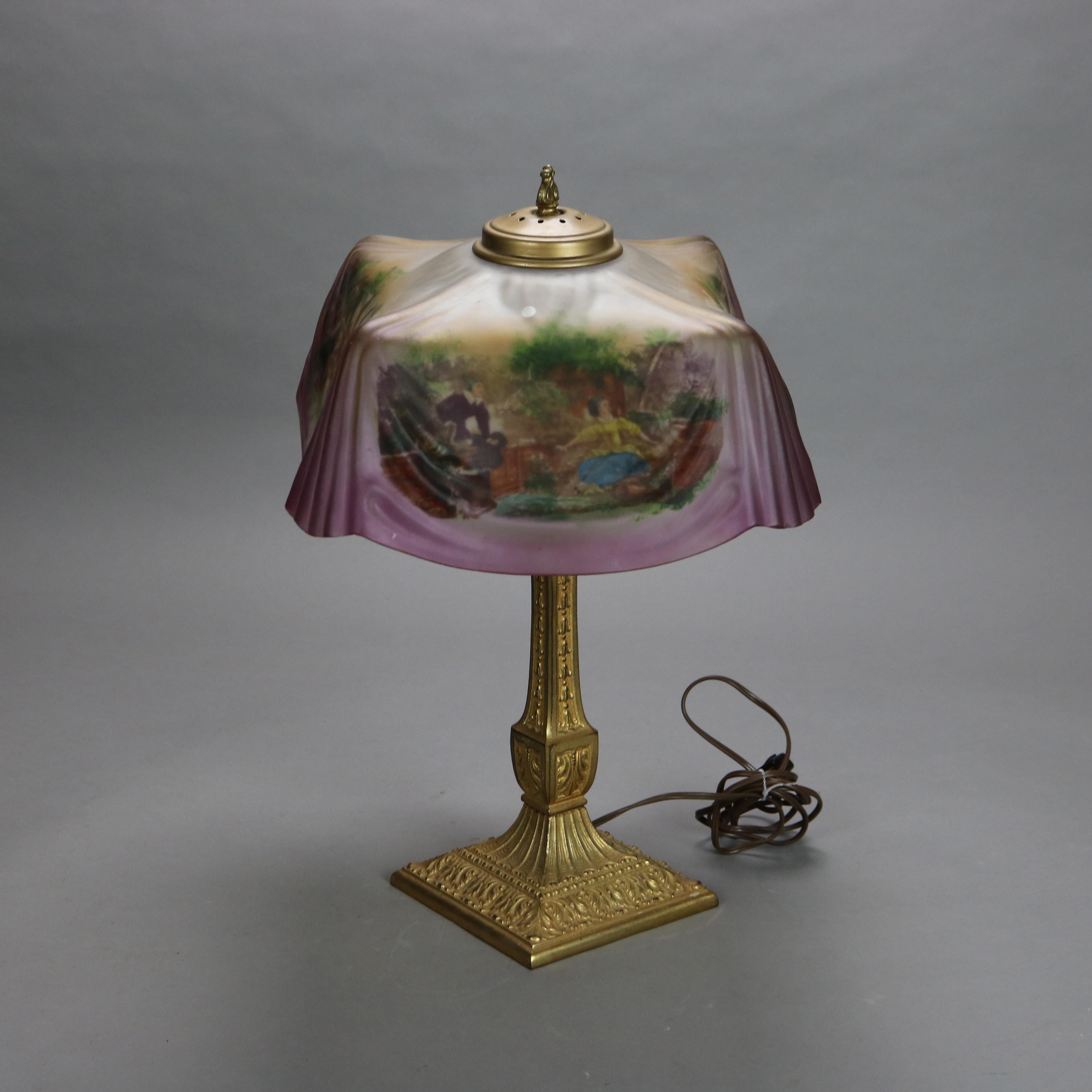 Antique Pittsburgh Reverse Painted Courting Scene Linen Fold Table Lamp C1920 1