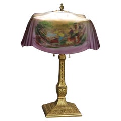 Antique Pittsburgh Reverse Painted Courting Scene Linen Fold Table Lamp C1920
