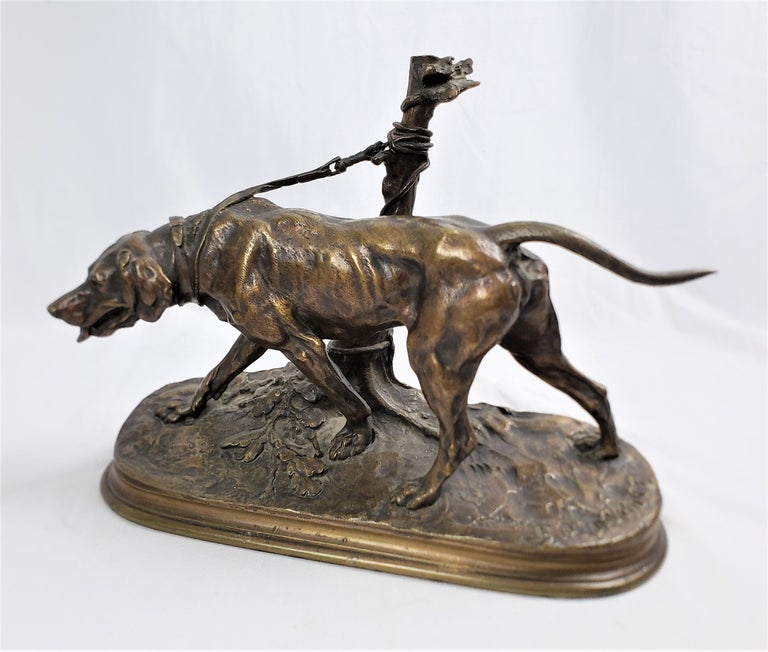 Antique P.J. Mene Signed French Bronze Sculpture of a Panting Dog Tied to a  Post For Sale at 1stDibs