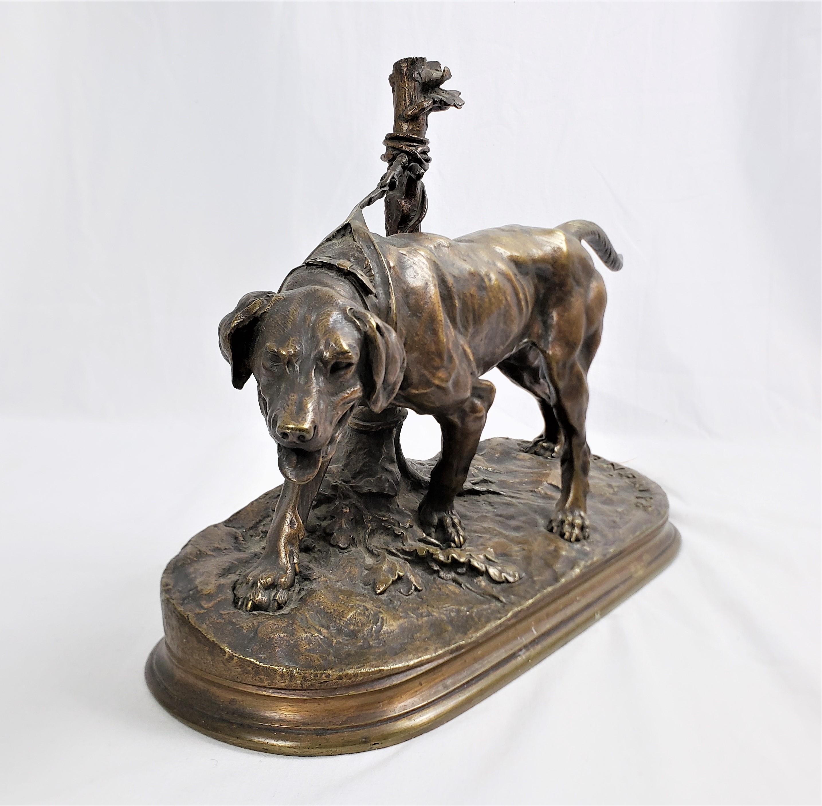 Late Victorian Antique P.J. Mene Signed French Bronze Sculpture of a Panting Dog Tied to a Post For Sale