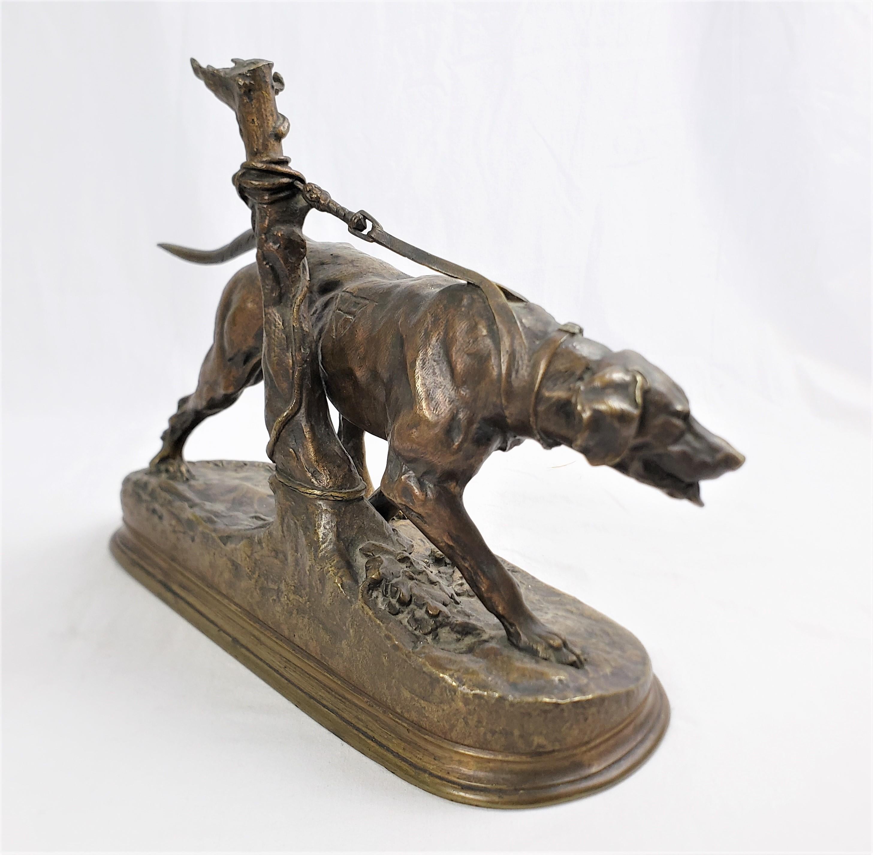 Cast Antique P.J. Mene Signed French Bronze Sculpture of a Panting Dog Tied to a Post For Sale