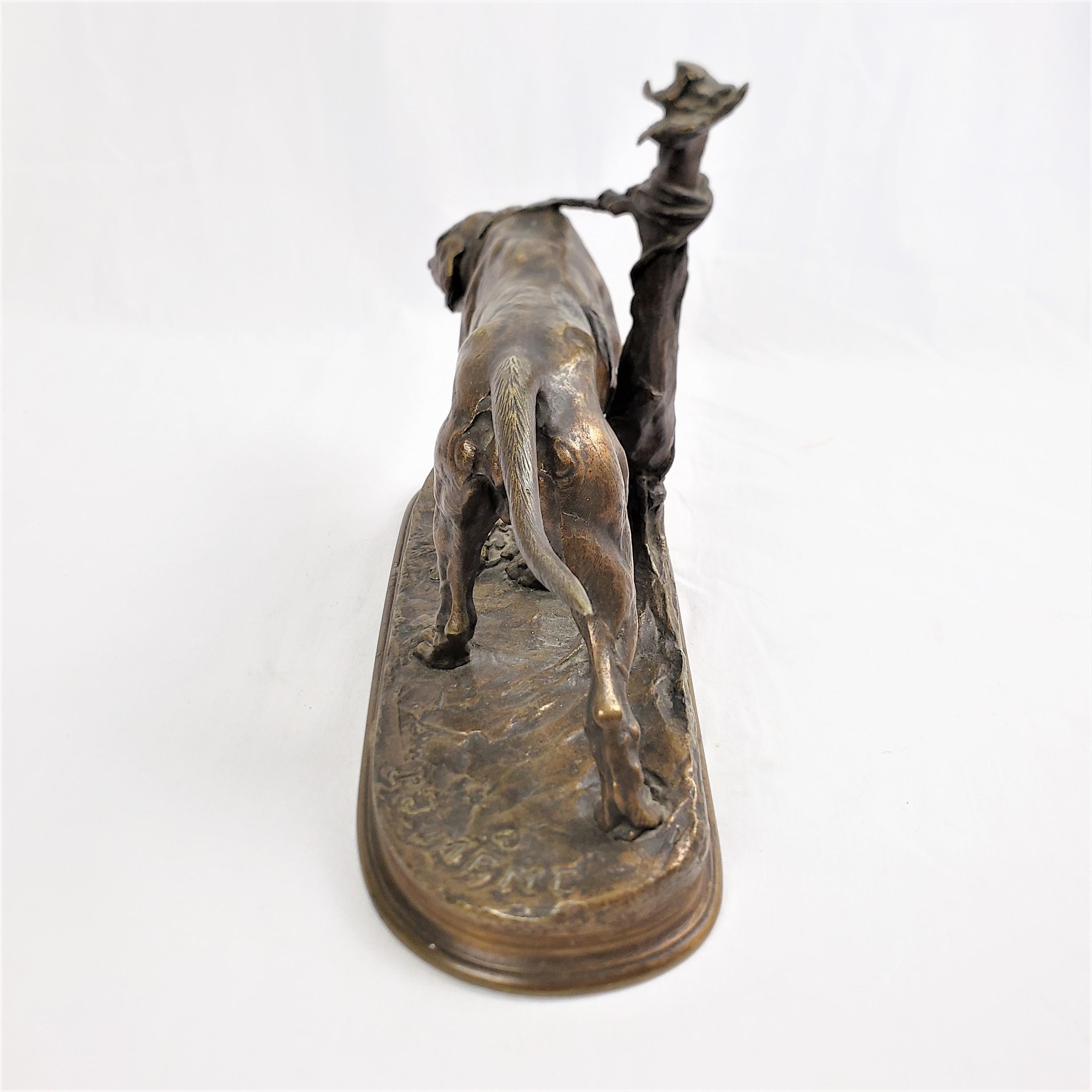 19th Century Antique P.J. Mene Signed French Bronze Sculpture of a Panting Dog Tied to a Post For Sale